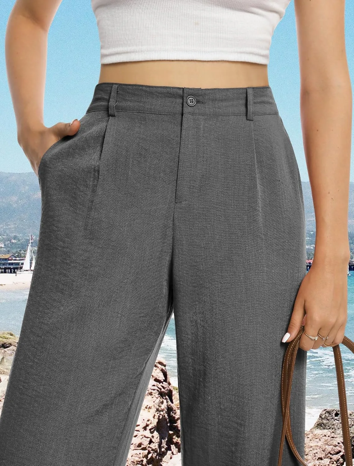 Feiersi Womens Casual Wide Leg Pants High Waisted Button Down Straight Long Trousers Palazzo Pants