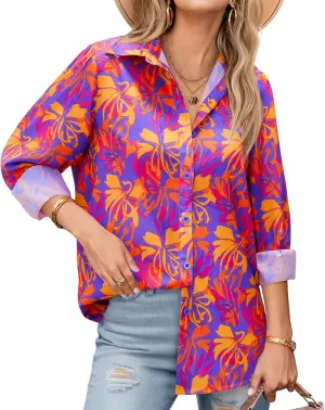 Floral Blouses for Women Dressy Casual Chiffon Button Down Shirts Hawaiian Printed Boho Tops Tunic Trendy 2025