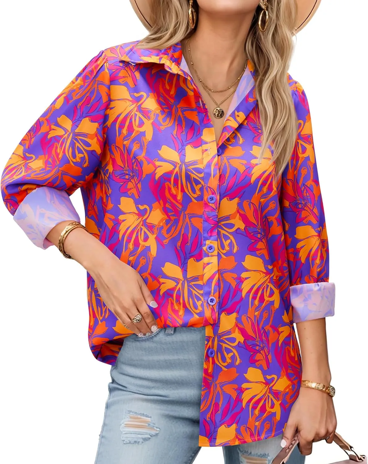 Floral Blouses for Women Dressy Casual Chiffon Button Down Shirts Hawaiian Printed Boho Tops Tunic Trendy 2025
