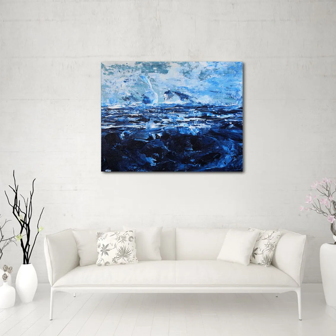 Framed horizontal deep blue & white abstract wall art print