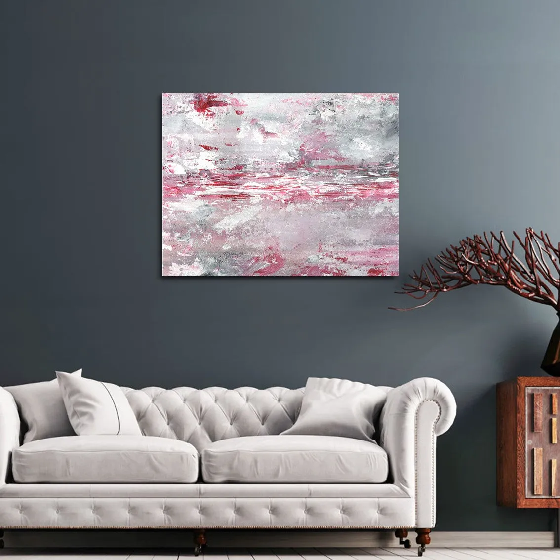 Framed horizontal pink & white abstract wall art print