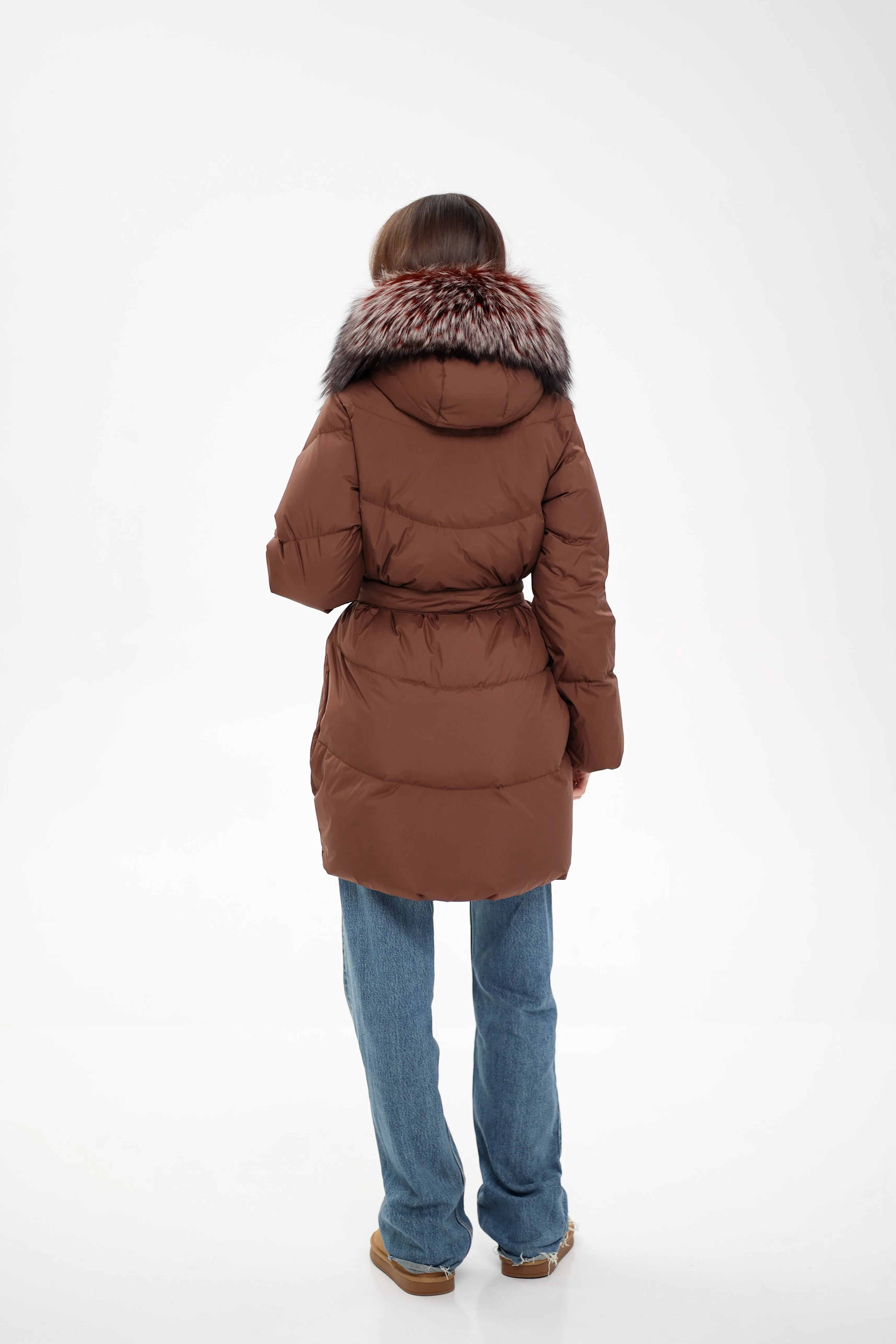 Genuine Silver Fox Down Fill Coat in Chocolate