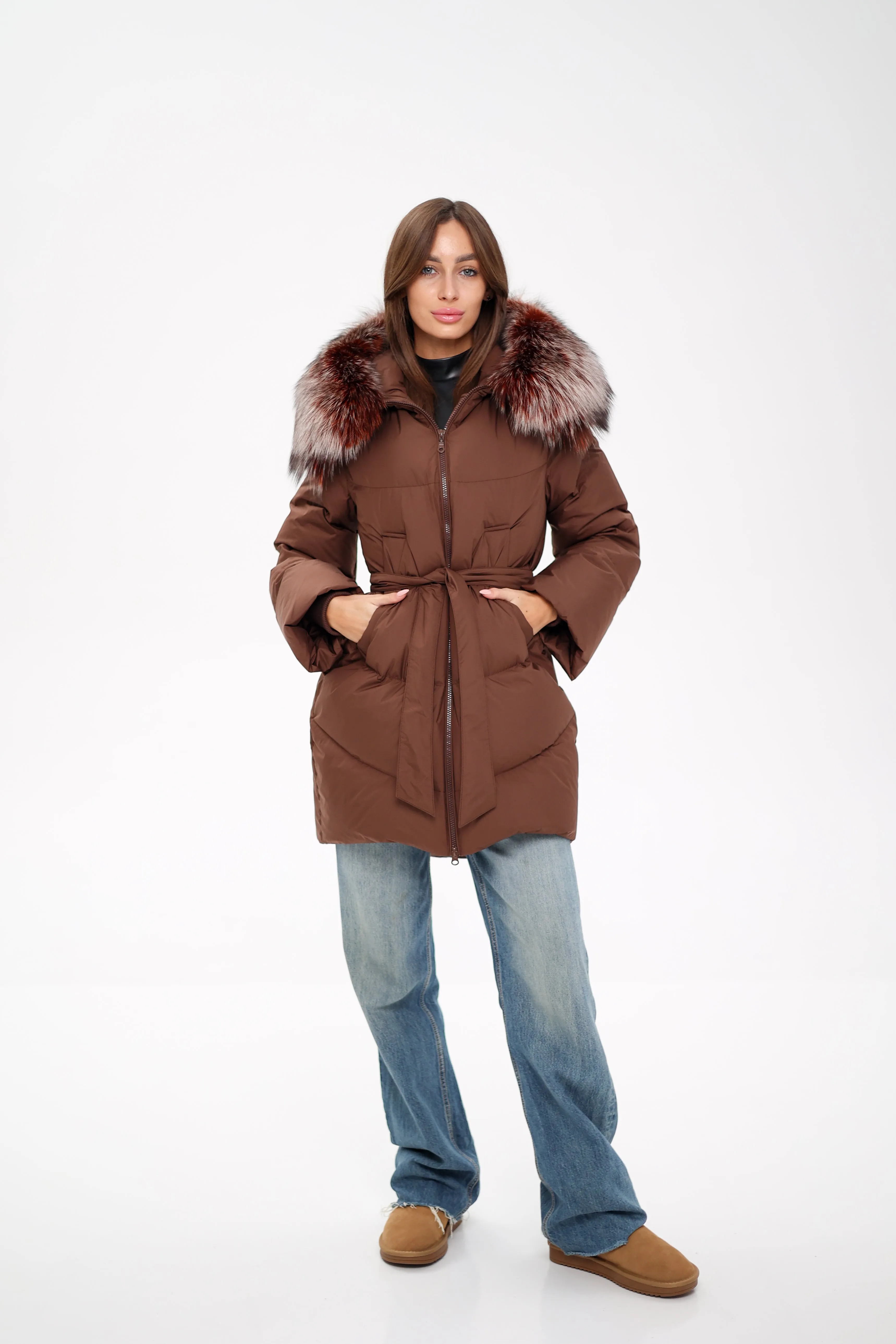 Genuine Silver Fox Down Fill Coat in Chocolate