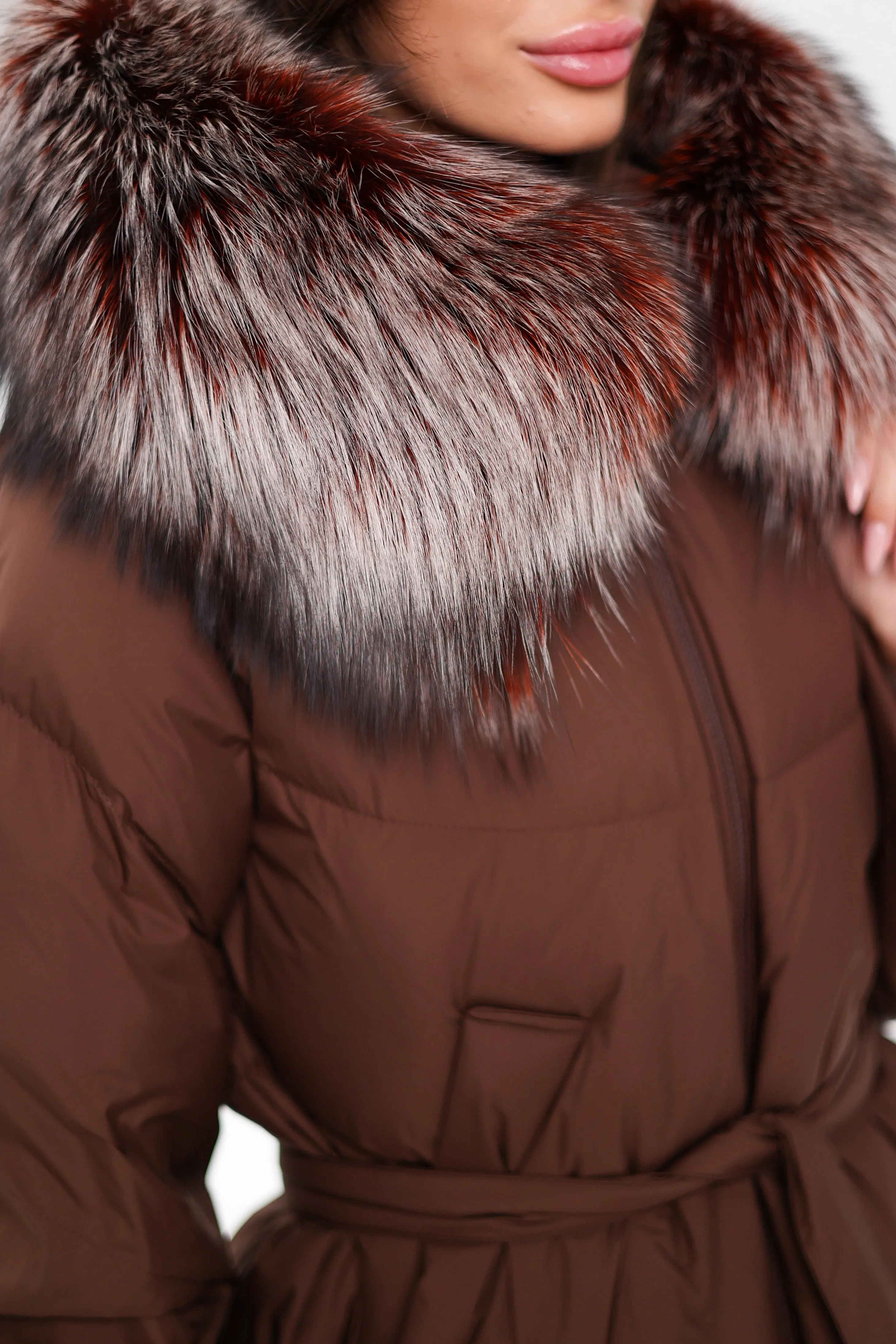 Genuine Silver Fox Down Fill Coat in Chocolate