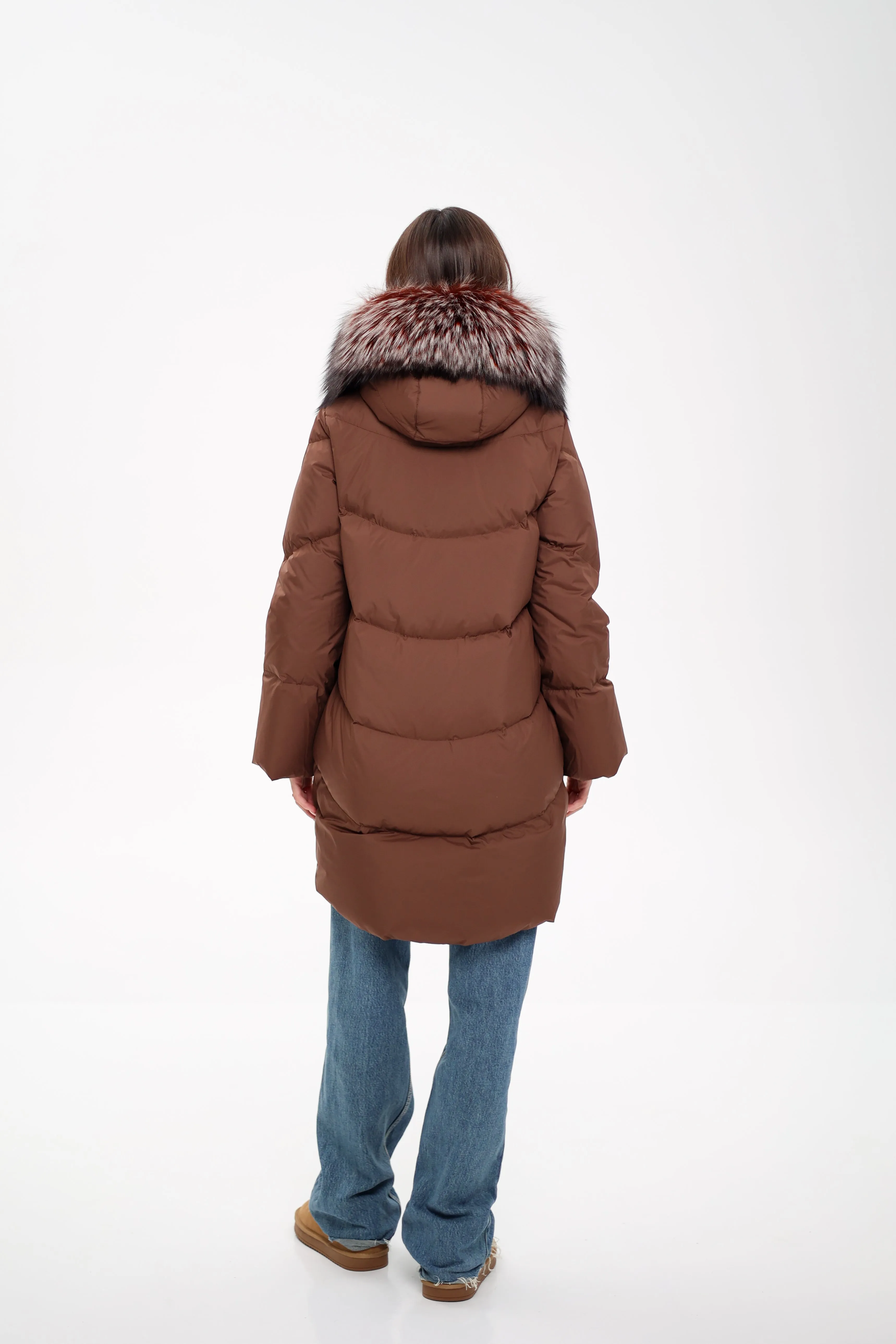Genuine Silver Fox Down Fill Coat in Chocolate