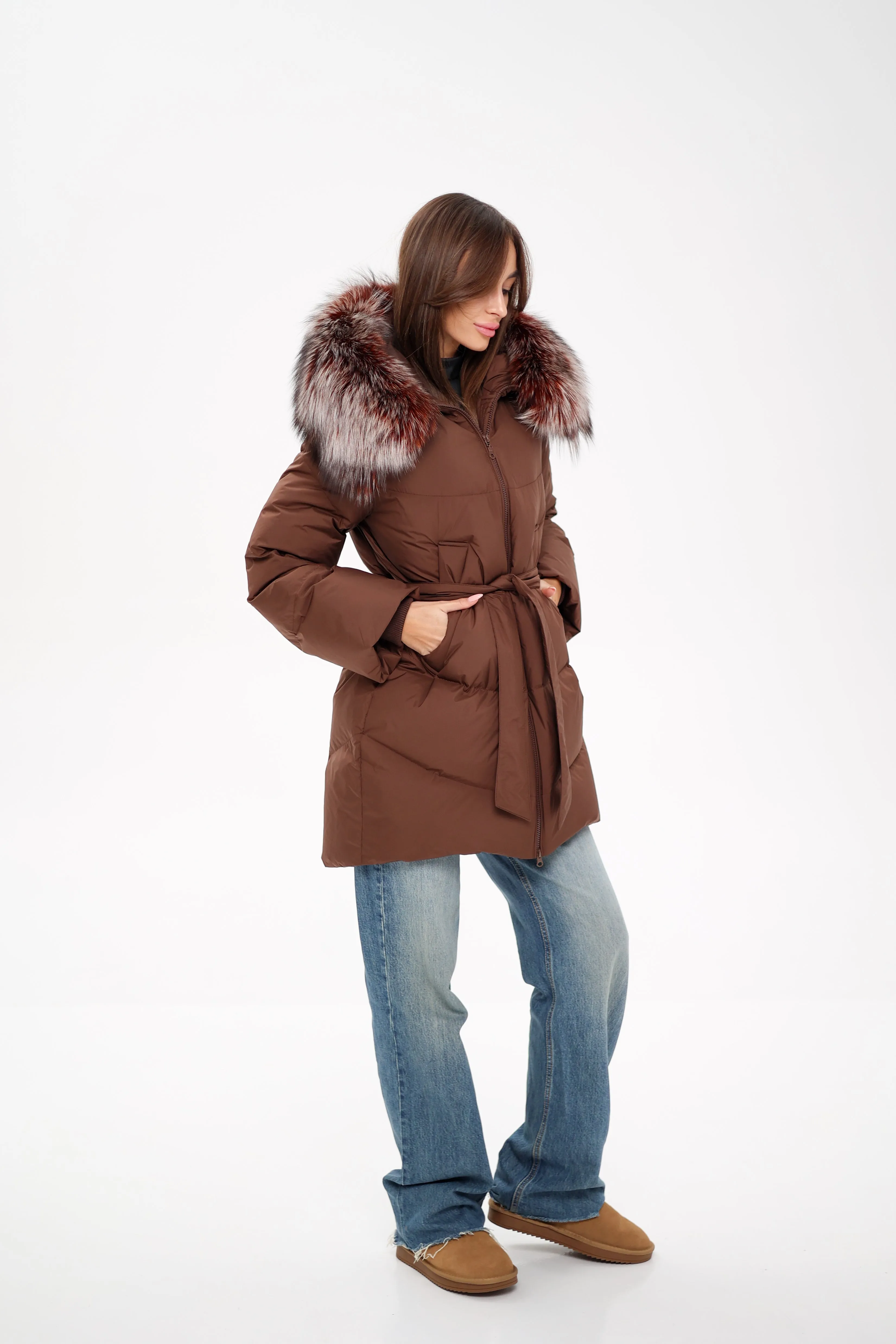 Genuine Silver Fox Down Fill Coat in Chocolate