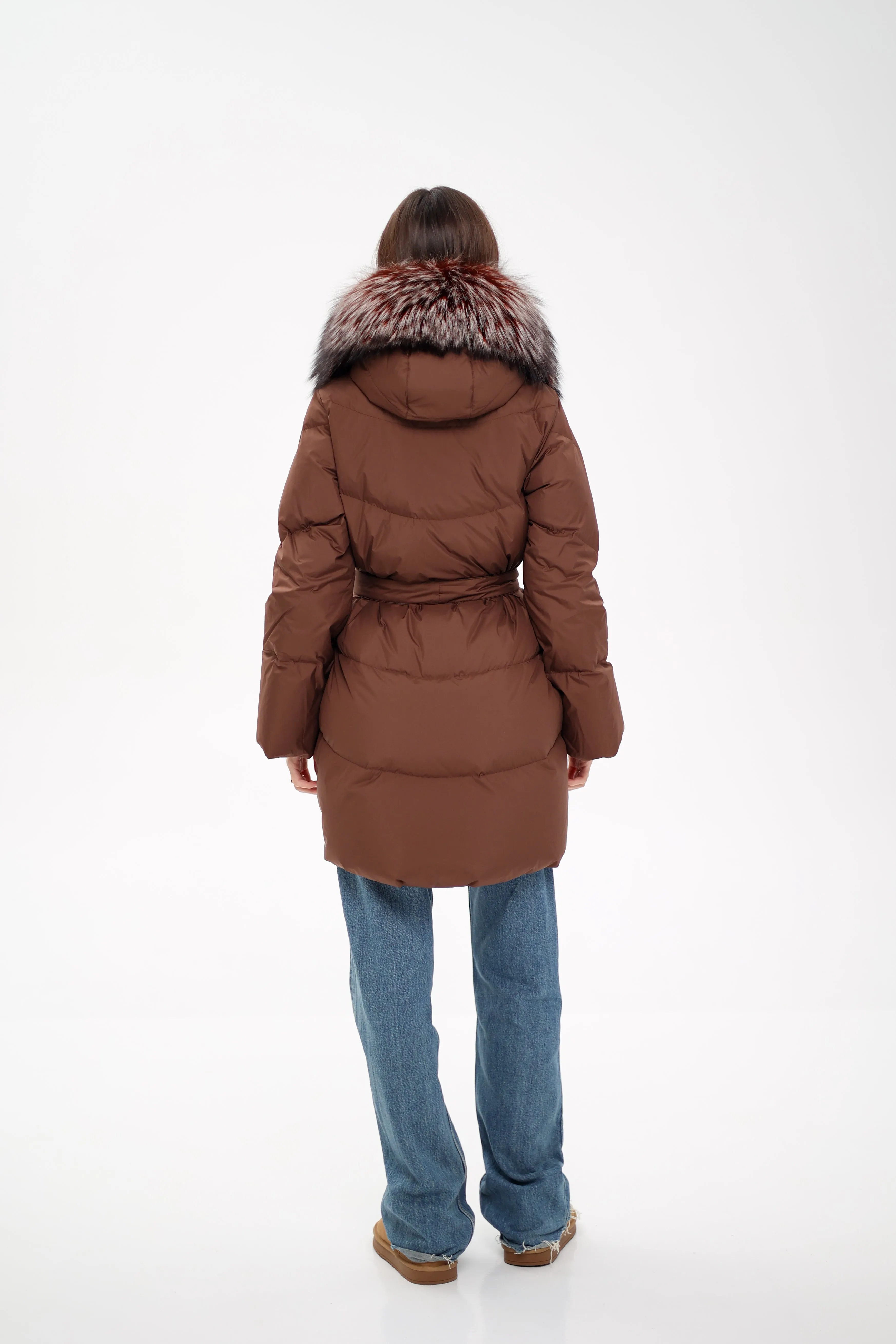 Genuine Silver Fox Down Fill Coat in Chocolate
