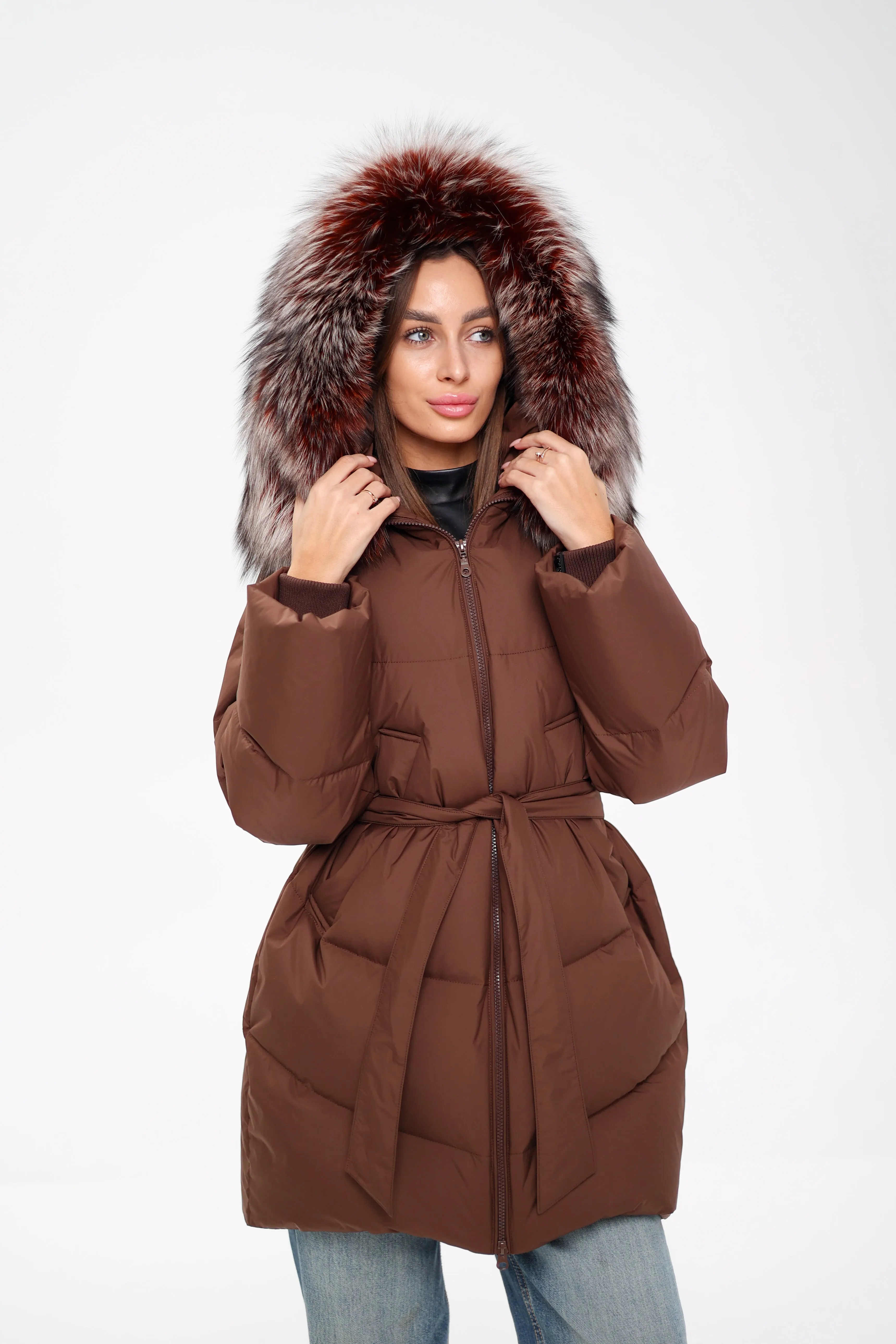 Genuine Silver Fox Down Fill Coat in Chocolate