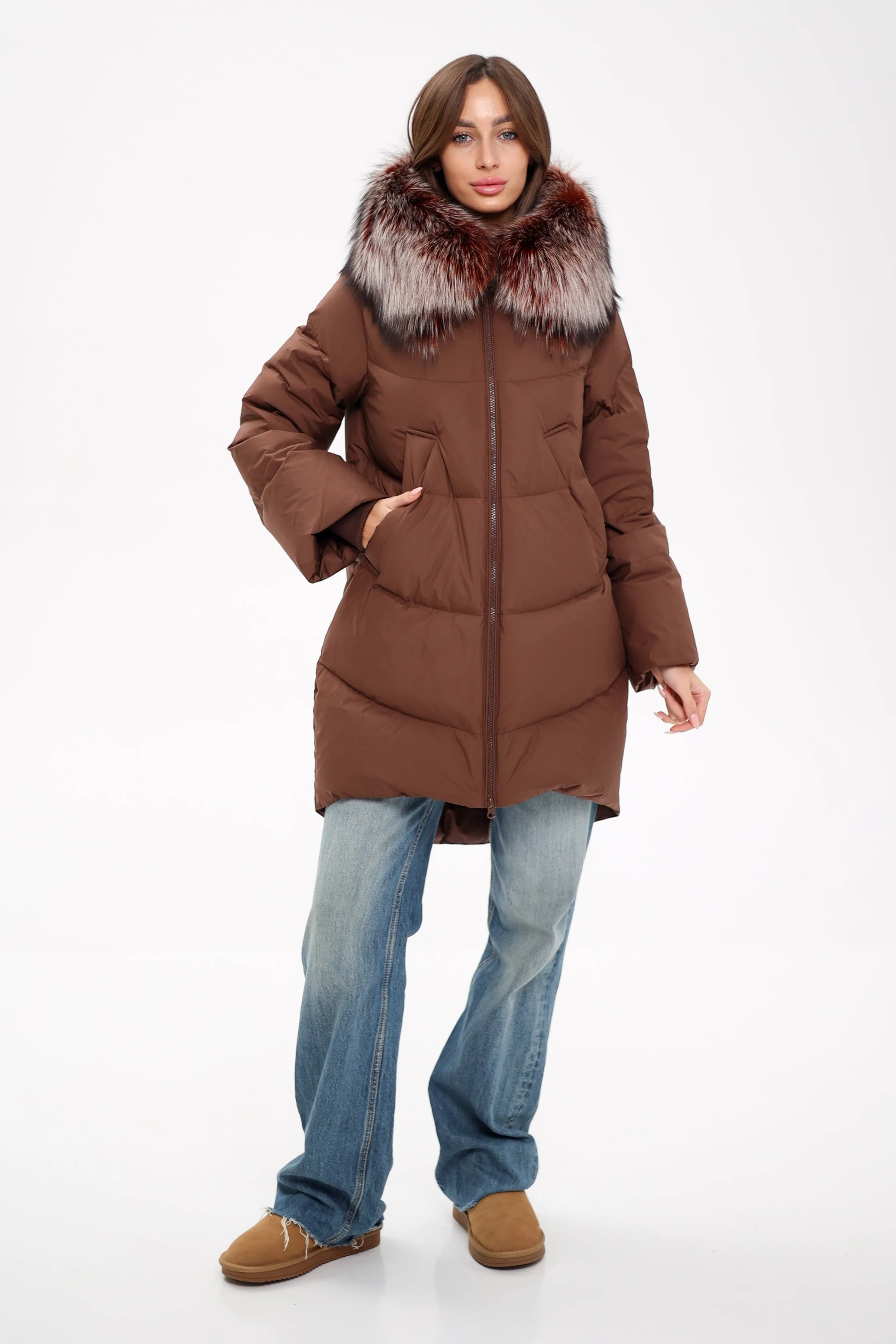 Genuine Silver Fox Down Fill Coat in Chocolate