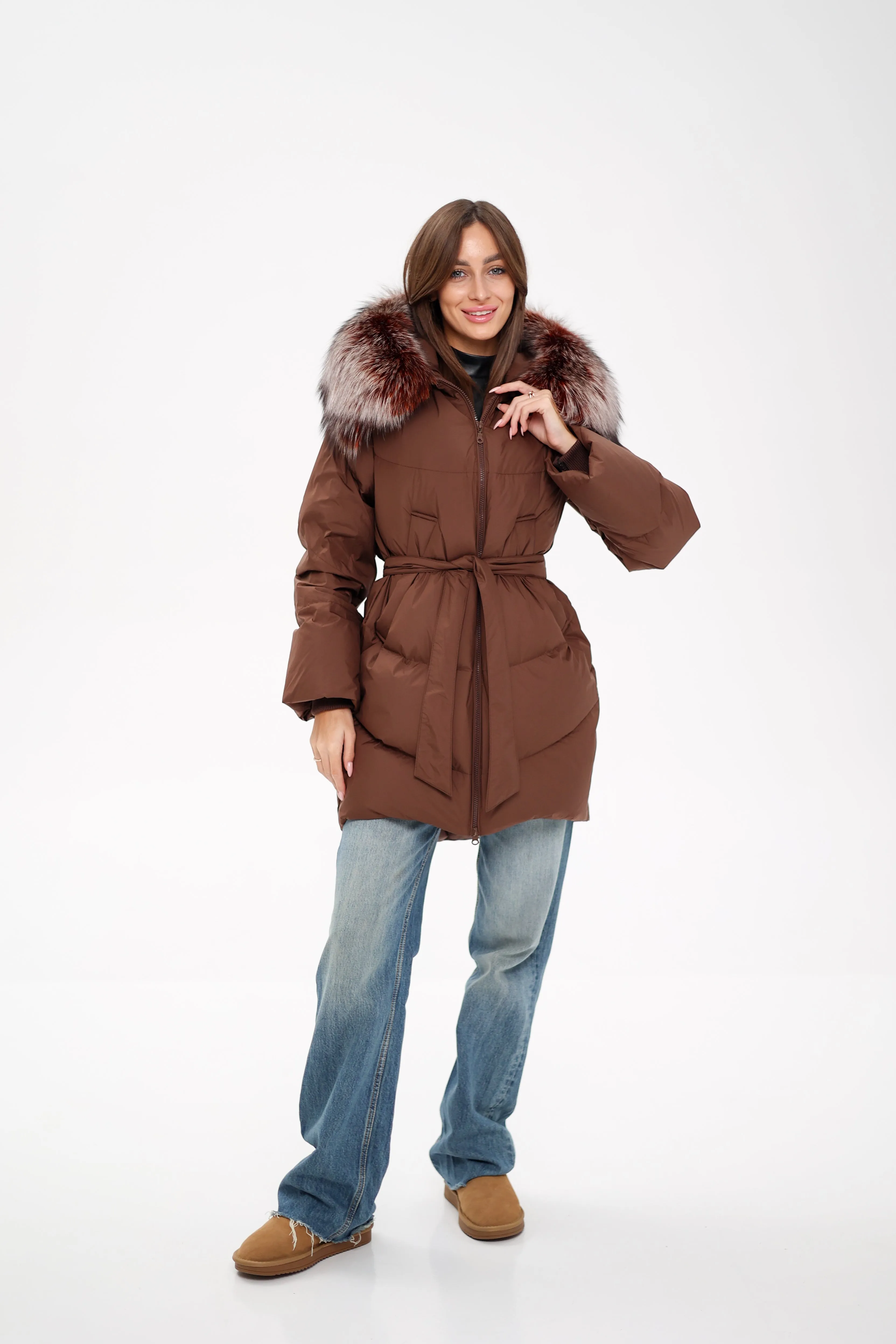 Genuine Silver Fox Down Fill Coat in Chocolate