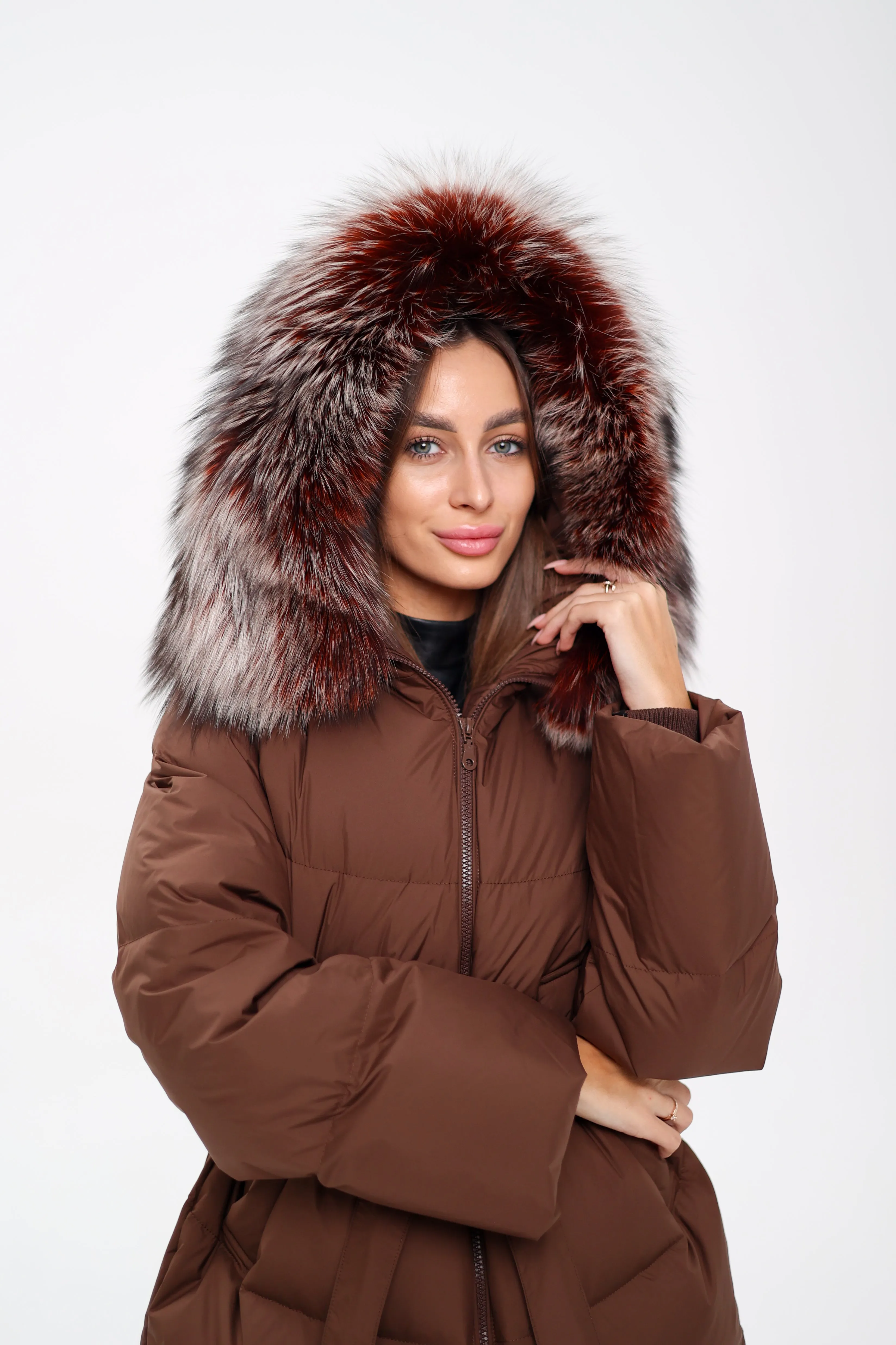 Genuine Silver Fox Down Fill Coat in Chocolate