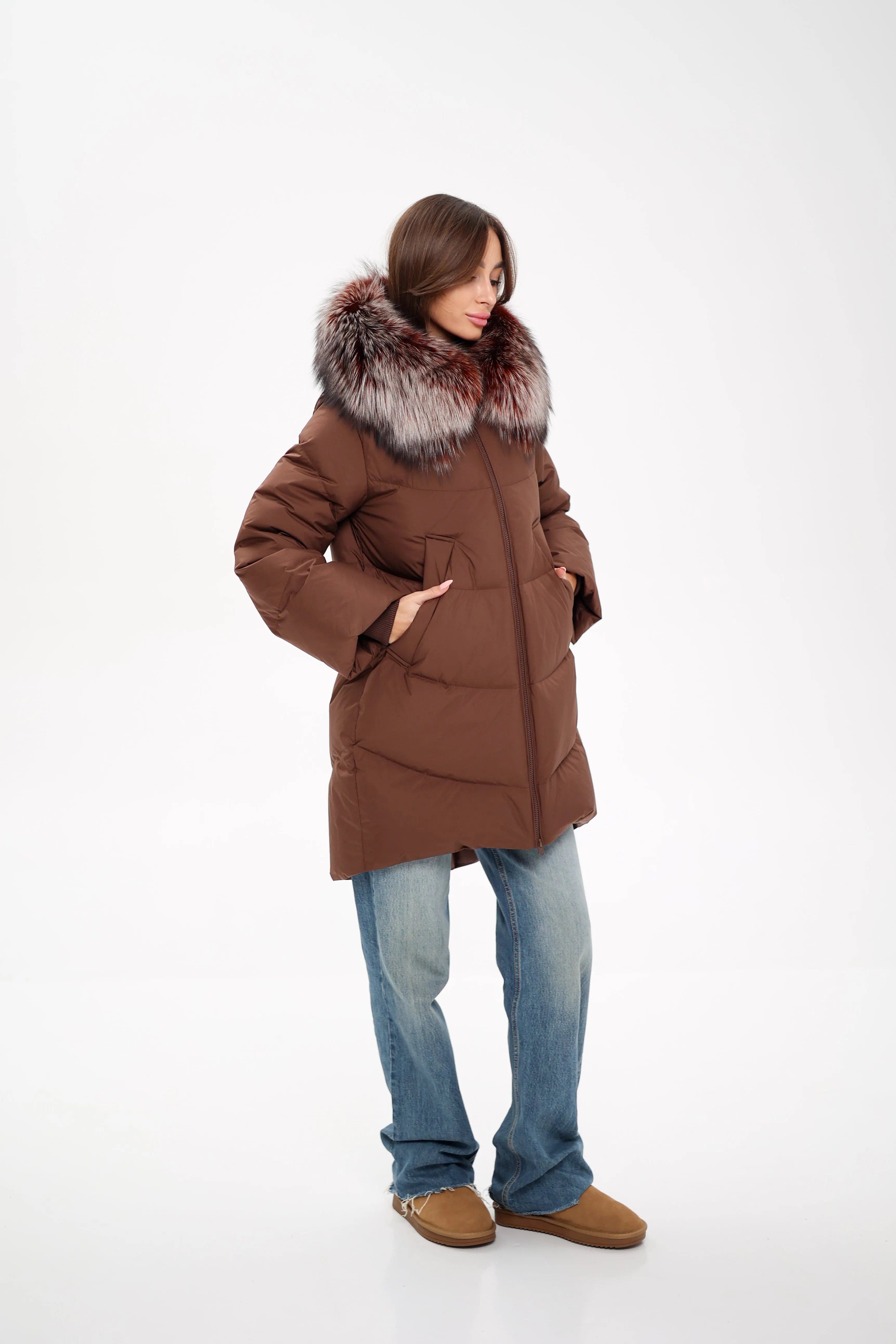 Genuine Silver Fox Down Fill Coat in Chocolate