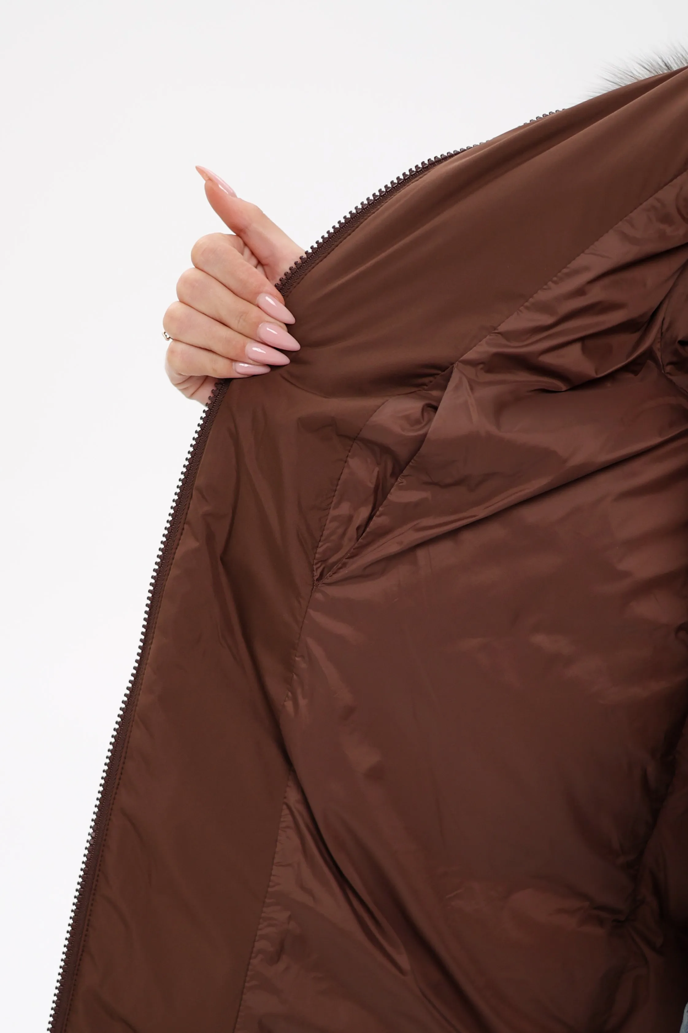 Genuine Silver Fox Down Fill Coat in Chocolate