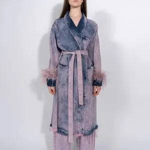 Hit Color Spliced Feathers Gradient Denim Coats For Women V Neck Long Sleeve Patchwork Lace Up Vintage Loose Coat Female