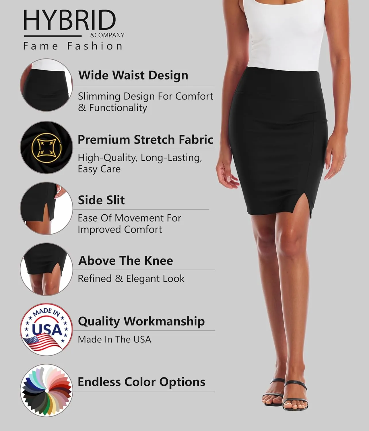 Hybrid & Company Women's Pencil Skirt Premium Ponte Basic Solid Stretch Above Knee Side Slit
