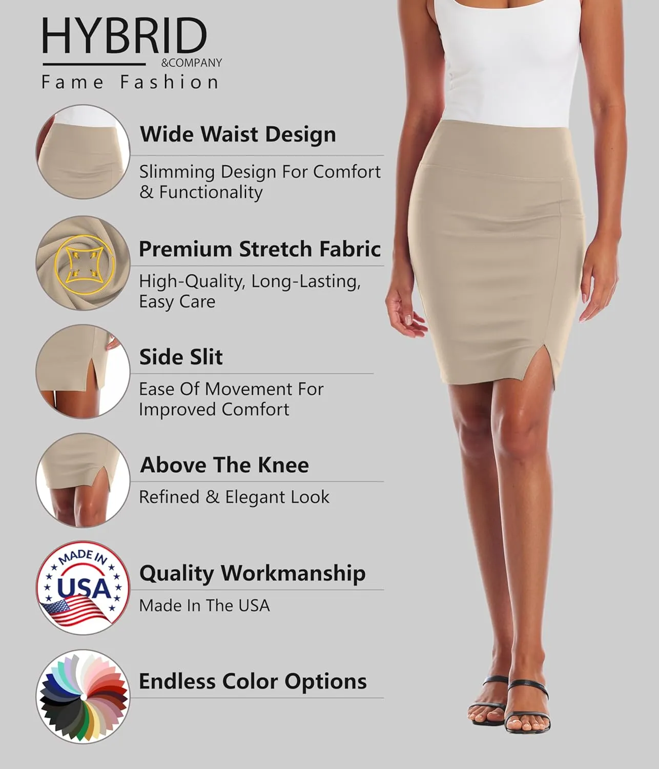 Hybrid & Company Women's Pencil Skirt Premium Ponte Basic Solid Stretch Above Knee Side Slit