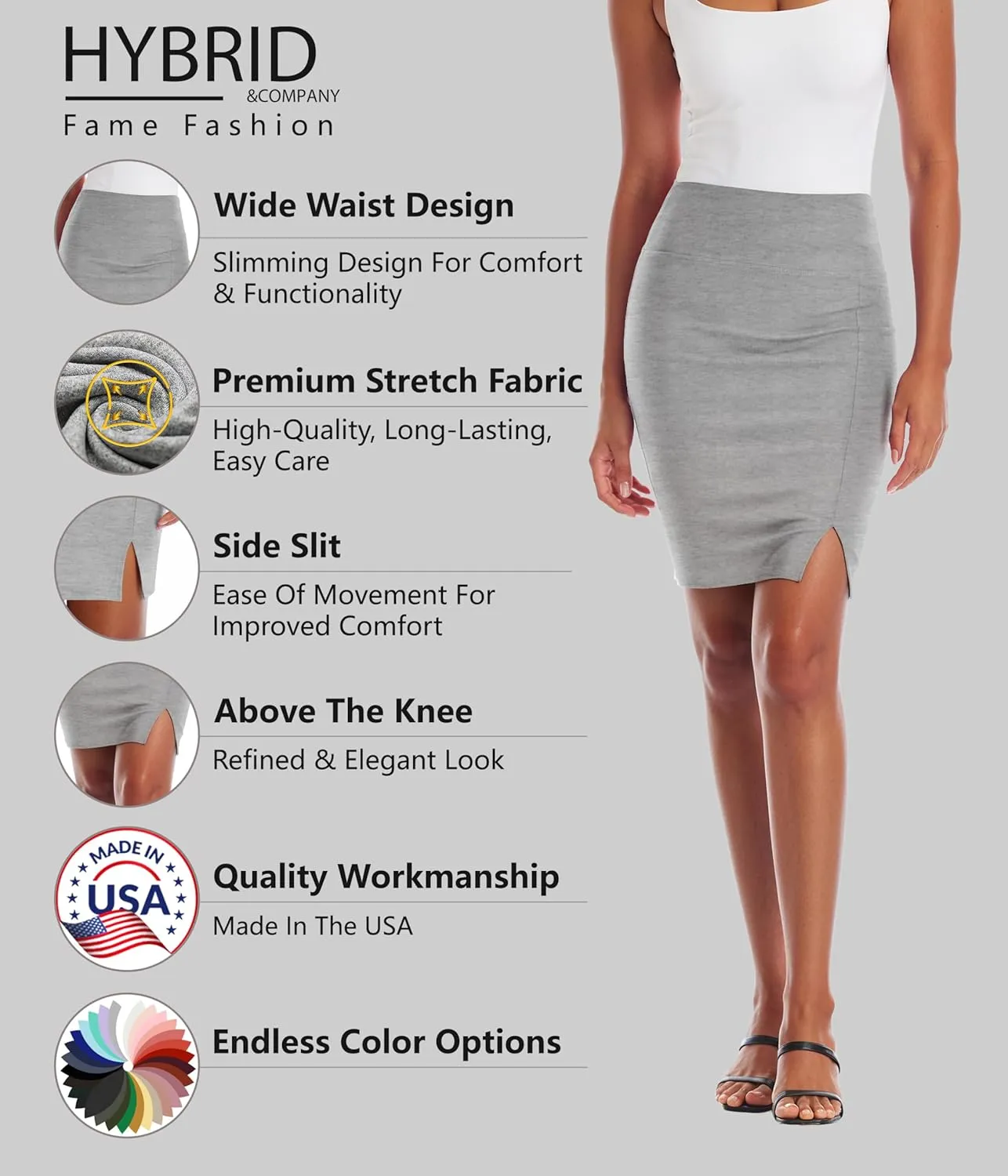 Hybrid & Company Women's Pencil Skirt Premium Ponte Basic Solid Stretch Above Knee Side Slit