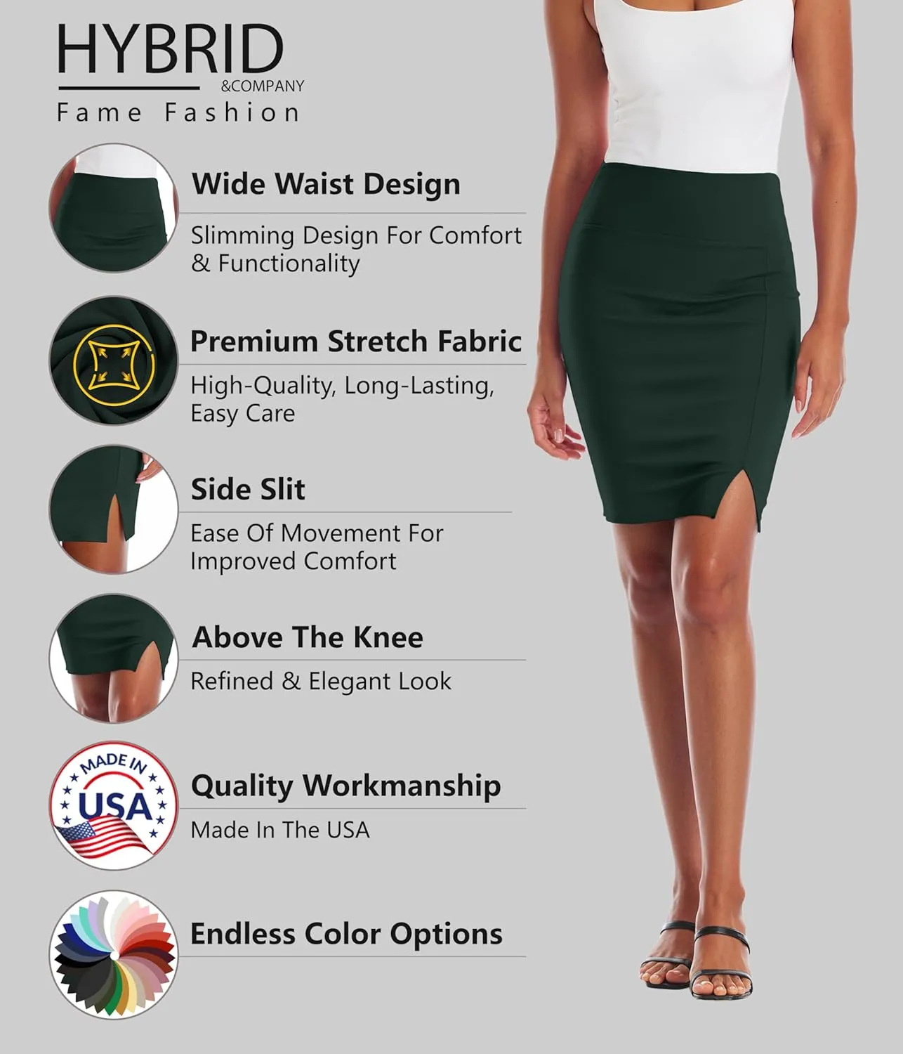 Hybrid & Company Women's Pencil Skirt Premium Ponte Basic Solid Stretch Above Knee Side Slit
