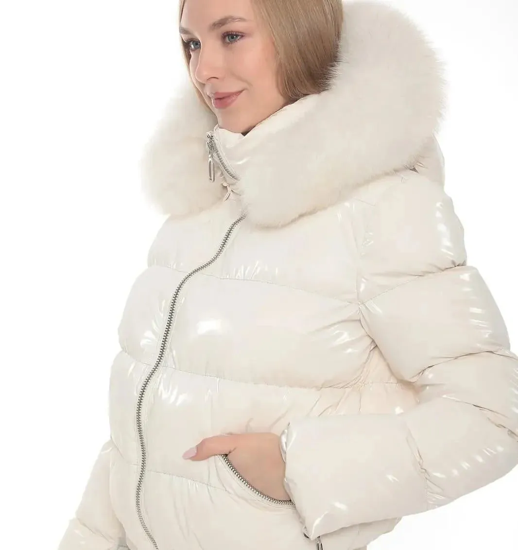 Kolleen Boutique White Puffer Jacket with Fox Fur