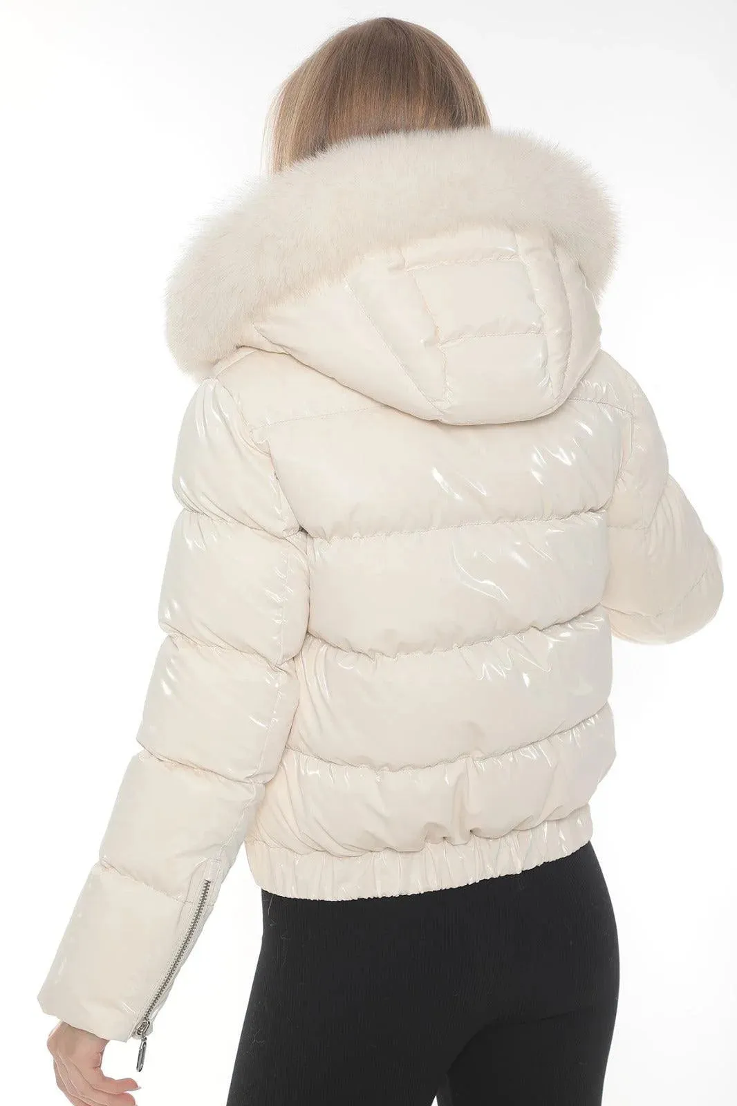 Kolleen Boutique White Puffer Jacket with Fox Fur