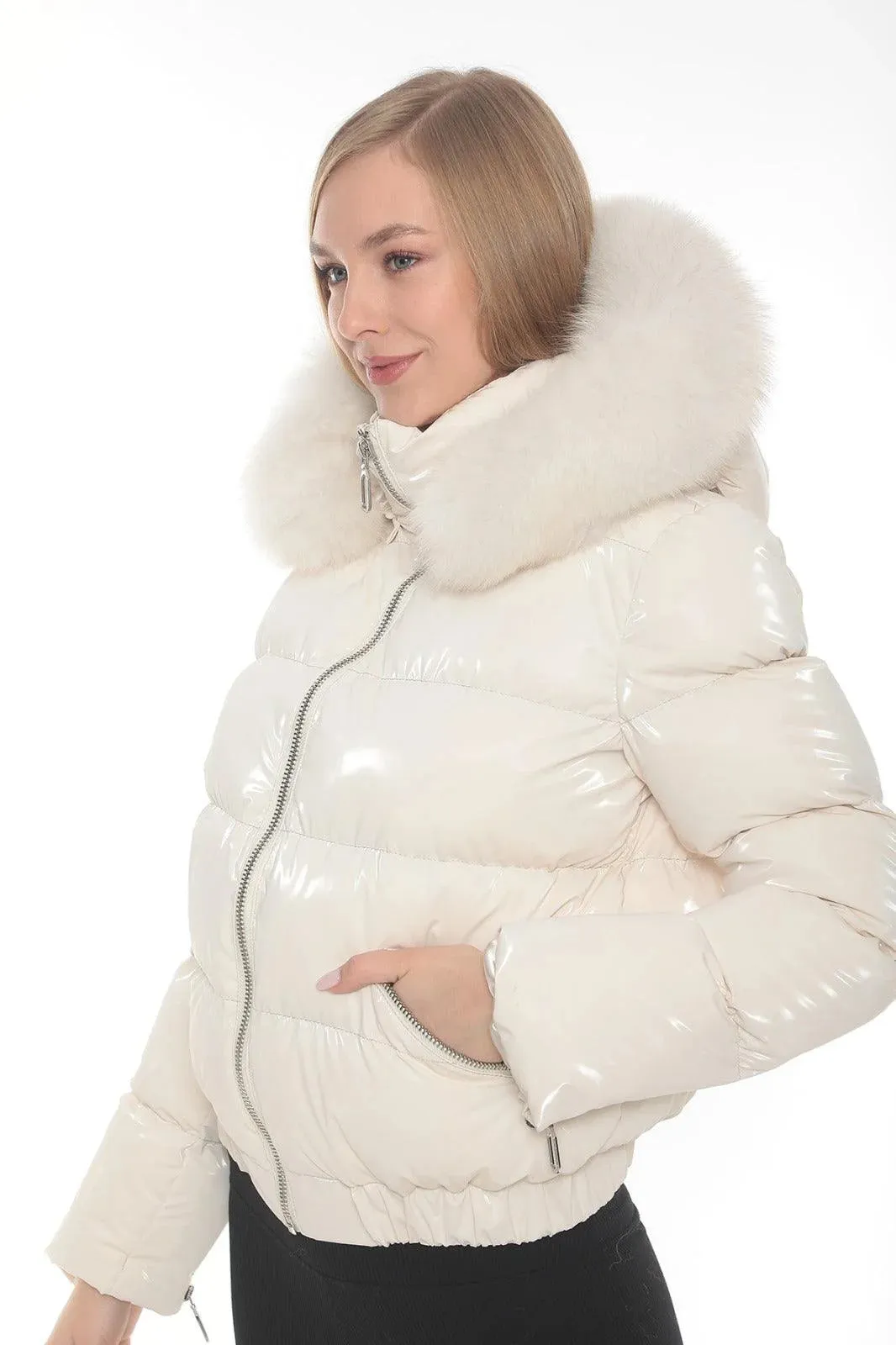 Kolleen Boutique White Puffer Jacket with Fox Fur