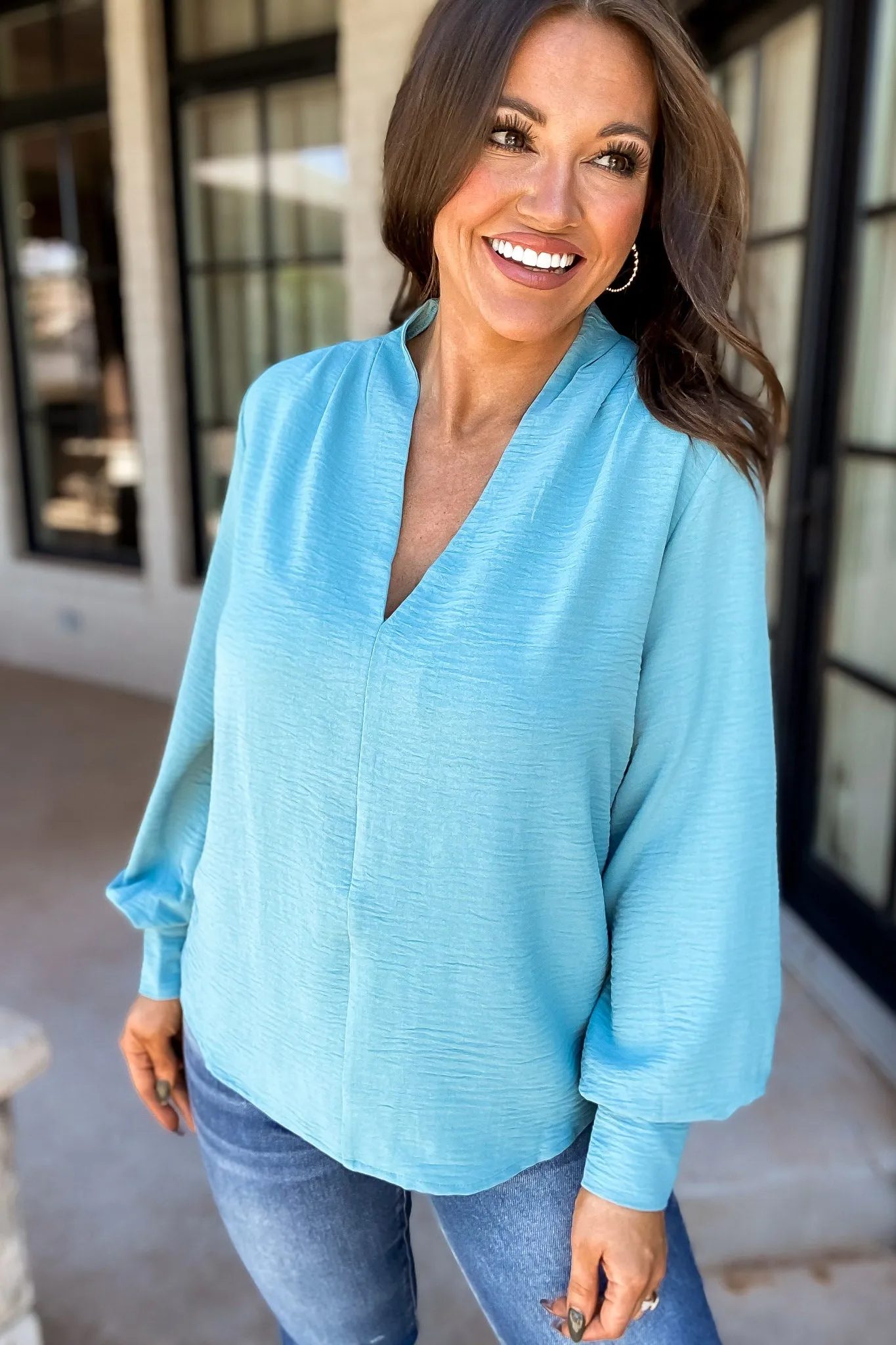 Live Your Life Dusty Teal Woven Airflow V-Neck Long Sleeve Top