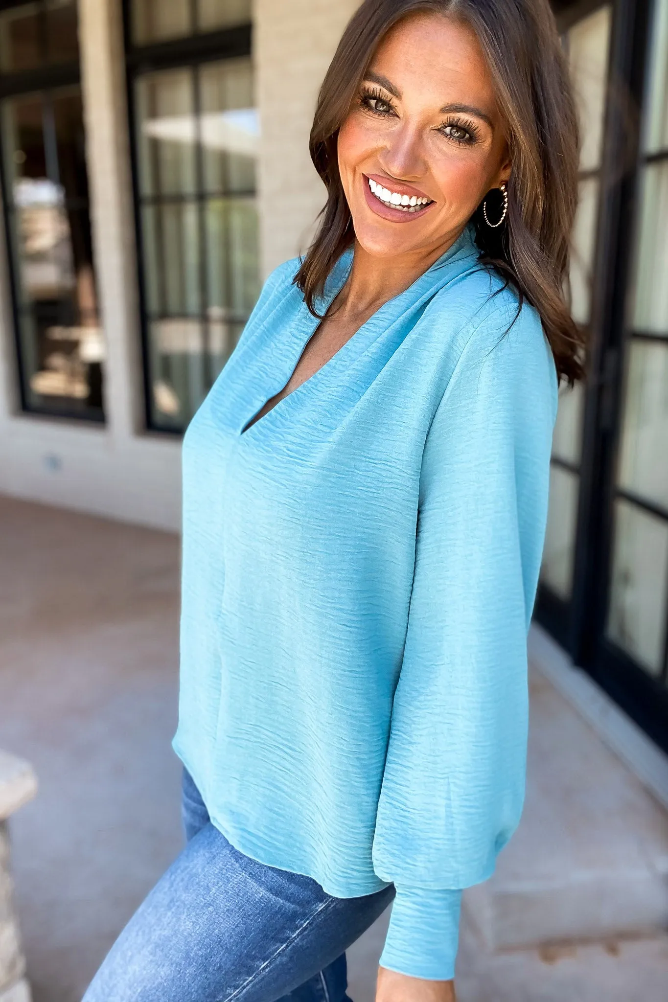 Live Your Life Dusty Teal Woven Airflow V-Neck Long Sleeve Top