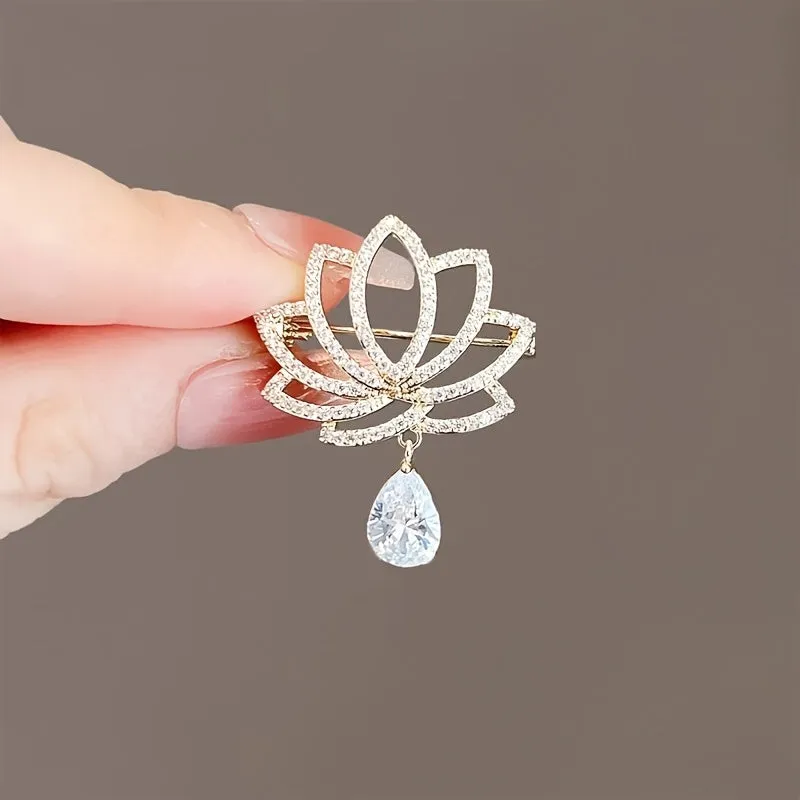 Lotus Shaped Brooch with Rhinestone Pendant for Womens Fashion