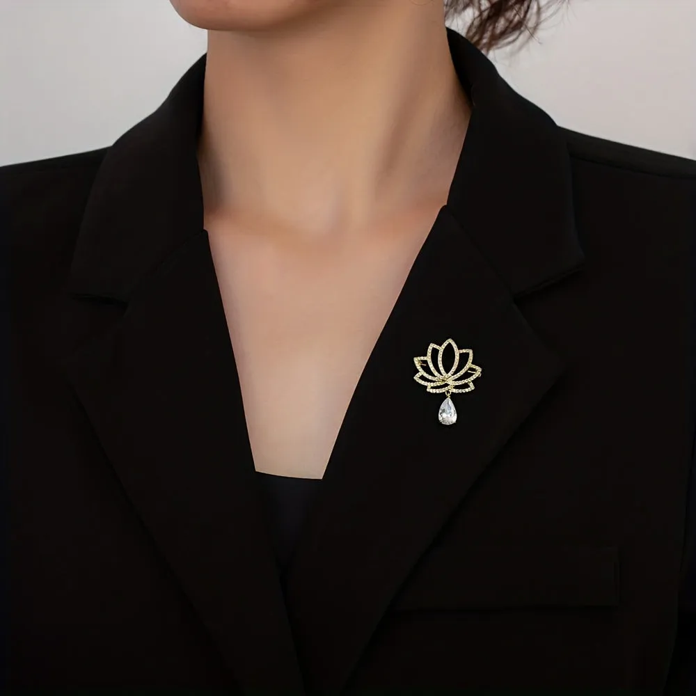 Lotus Shaped Brooch with Rhinestone Pendant for Womens Fashion