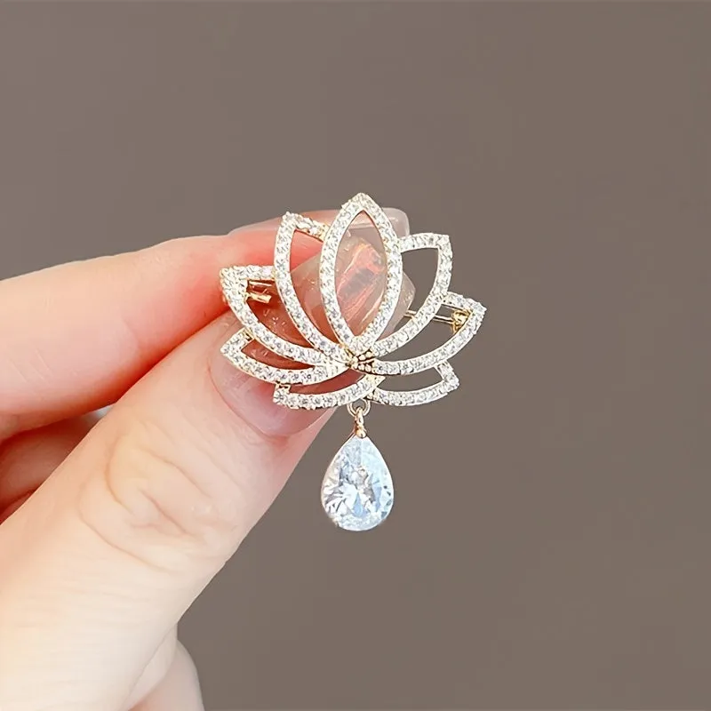 Lotus Shaped Brooch with Rhinestone Pendant for Womens Fashion