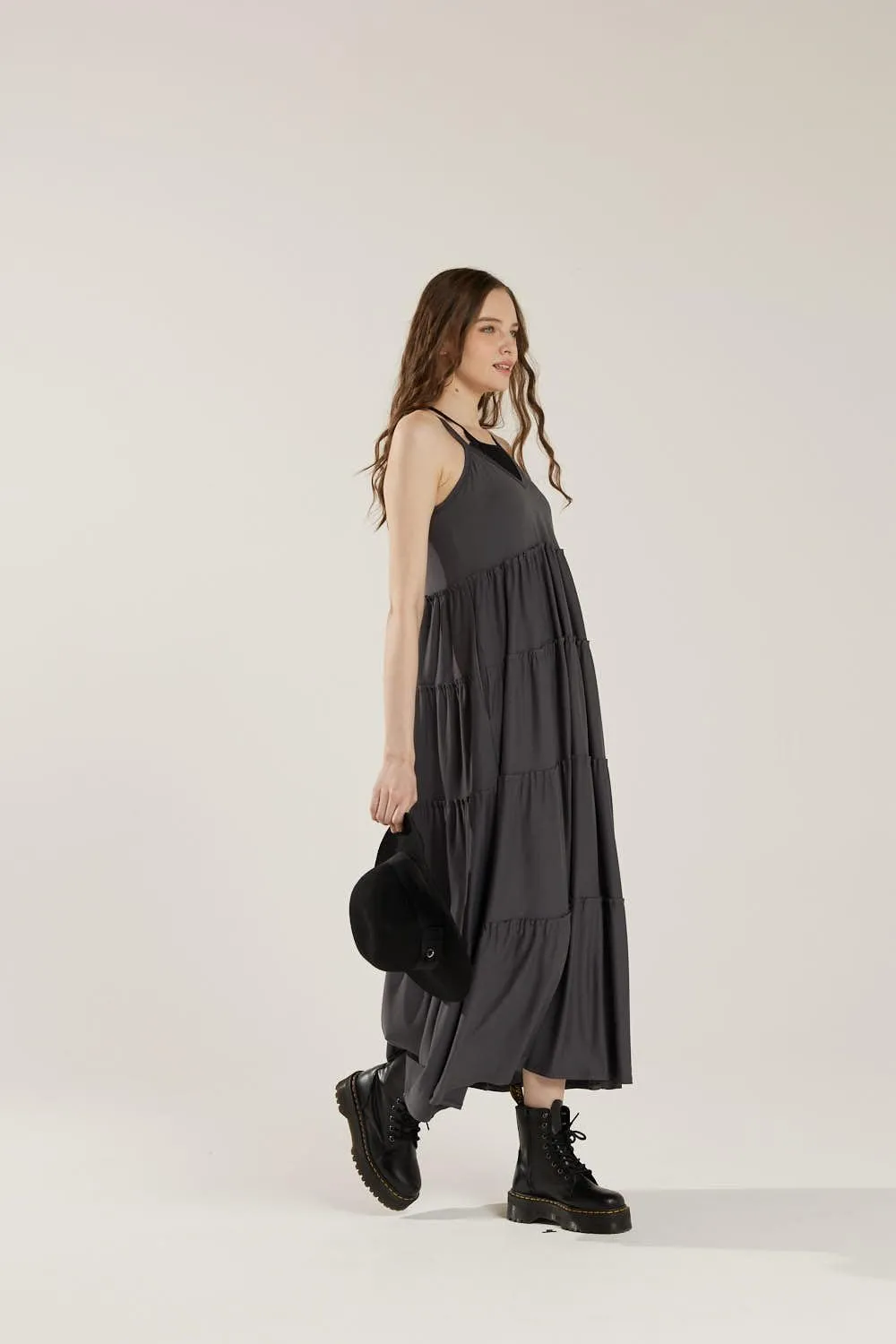 noflik Women's Comfortable and Flowy Knit V-Neckline Ruffle Tiers Knit Maxi Dress