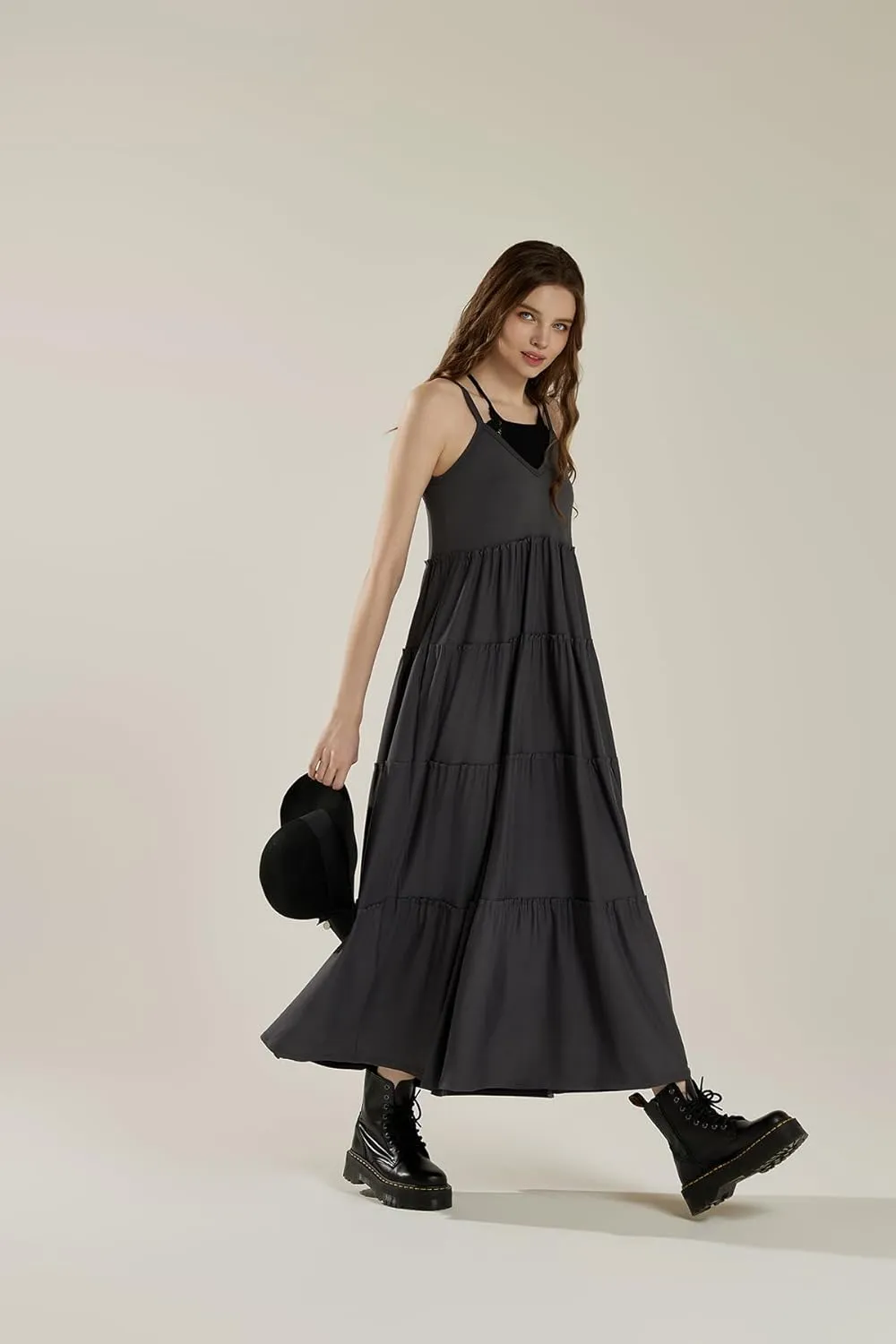 noflik Women's Comfortable and Flowy Knit V-Neckline Ruffle Tiers Knit Maxi Dress
