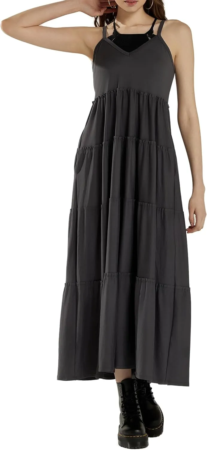 noflik Women's Comfortable and Flowy Knit V-Neckline Ruffle Tiers Knit Maxi Dress