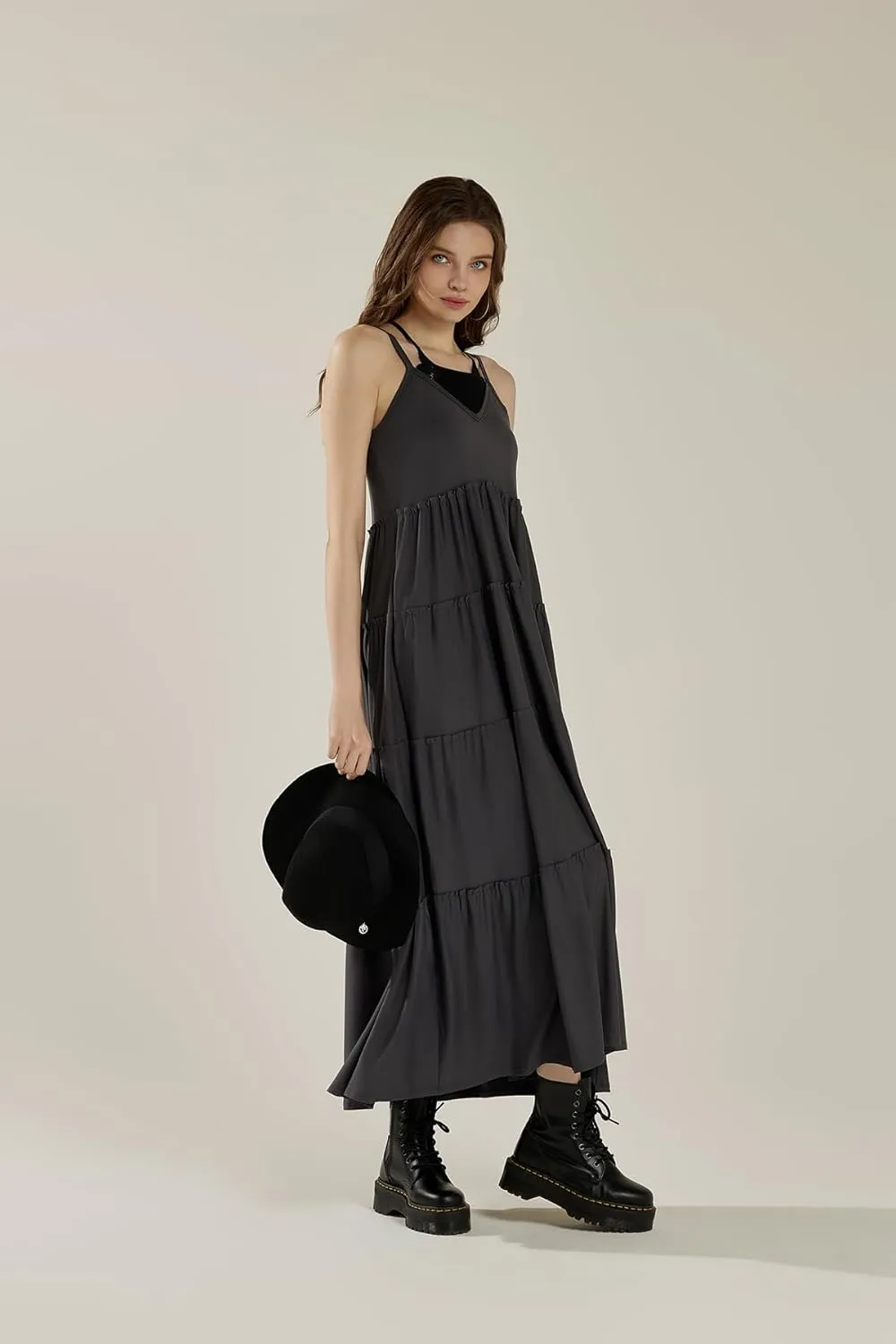 noflik Women's Comfortable and Flowy Knit V-Neckline Ruffle Tiers Knit Maxi Dress