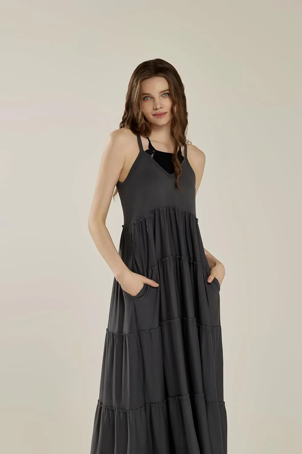 noflik Women's Comfortable and Flowy Knit V-Neckline Ruffle Tiers Knit Maxi Dress
