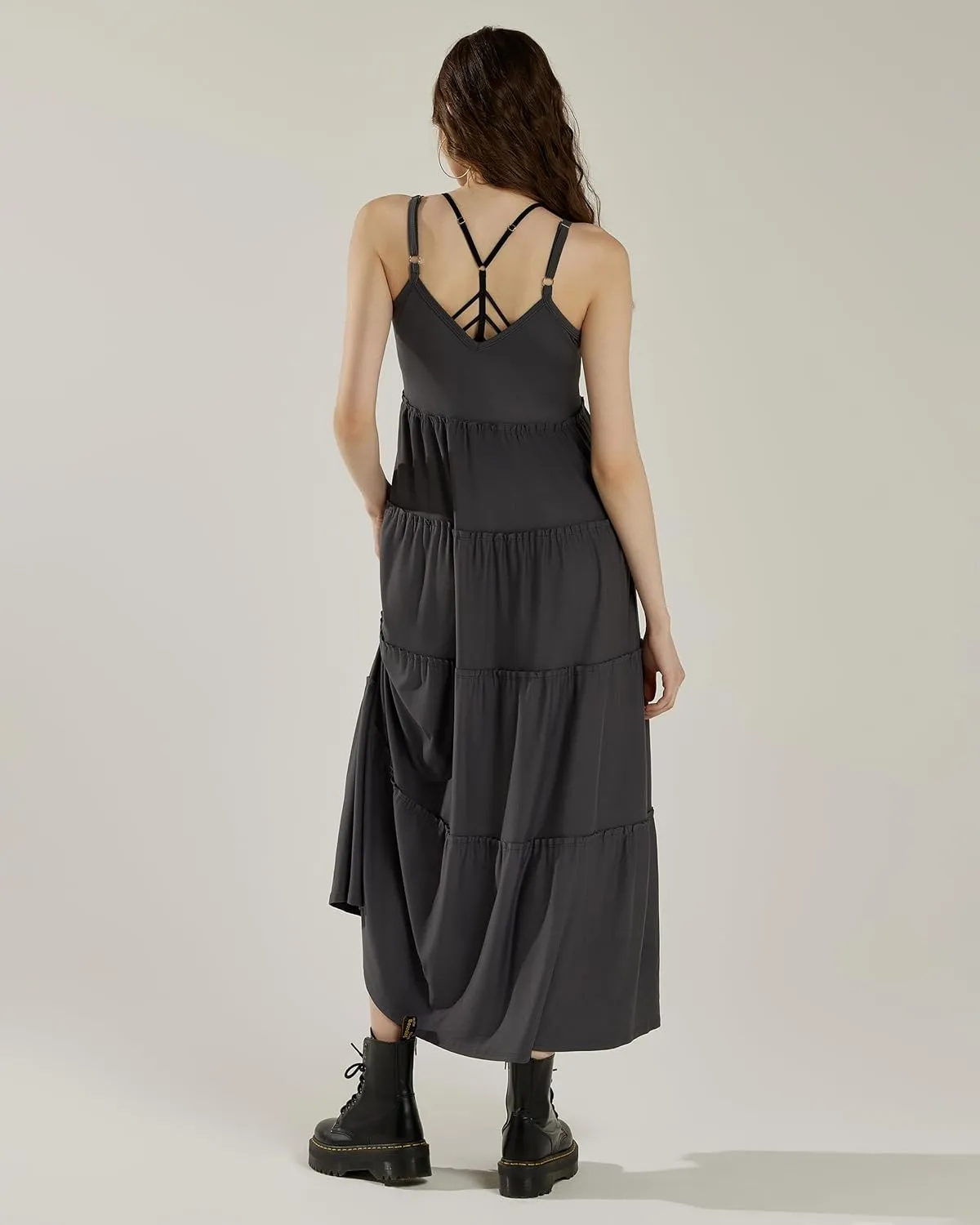 noflik Women's Comfortable and Flowy Knit V-Neckline Ruffle Tiers Knit Maxi Dress