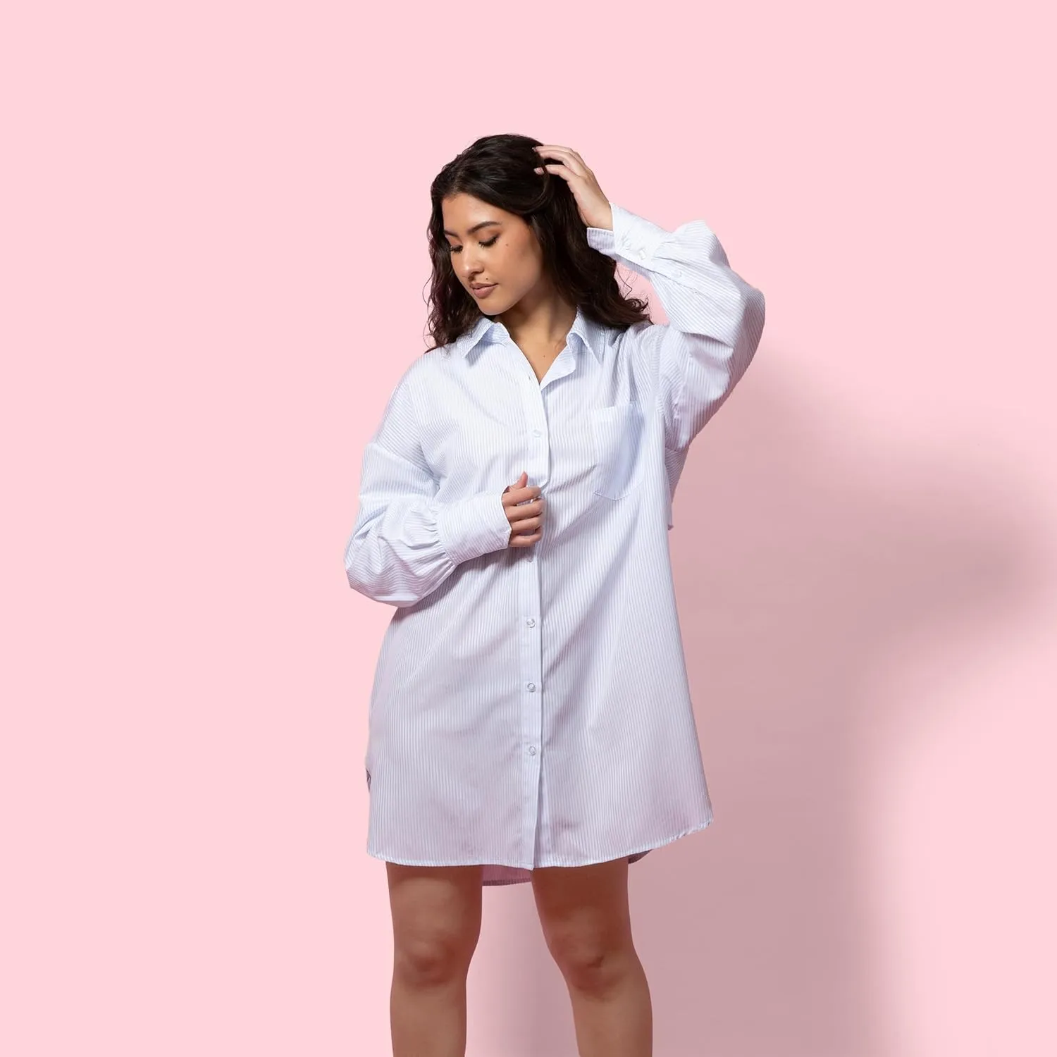 Stylish Oversized Pocket Detail Split Cuff Shirt Dress - Drop Shoulder Loose Fit One Size Boyfriend Shirt