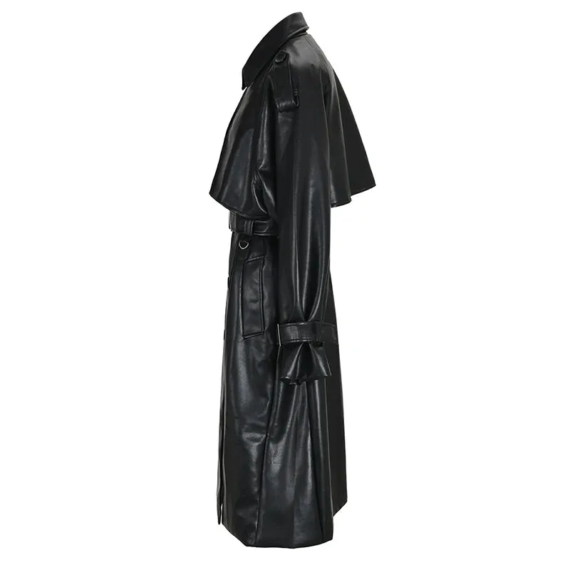 Trend Men's Leather Long Coat Korean Style Mid Length Silhouette Knee High Trench Niche Design Premium Pu Overcoat CPG0464