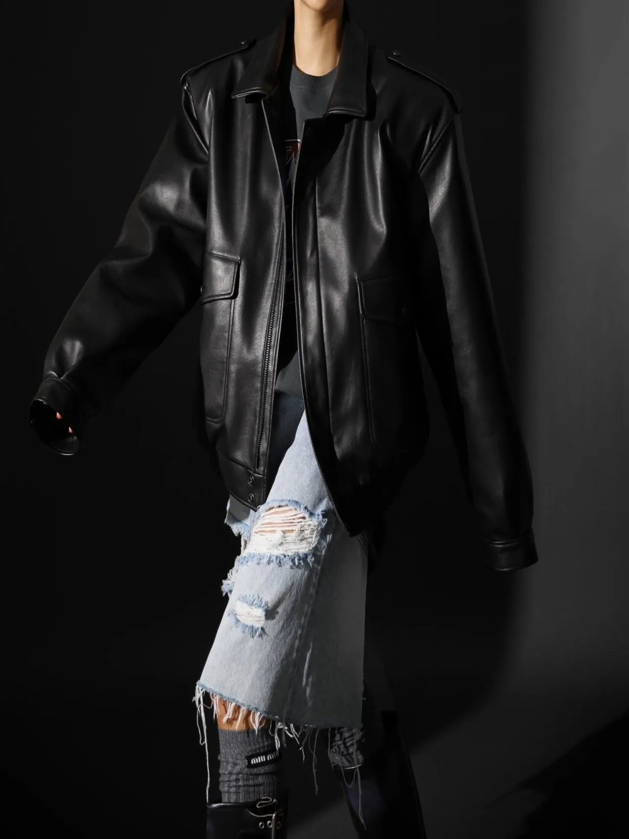 WASHED VEGAN LEATHER FLIGHT JACKET