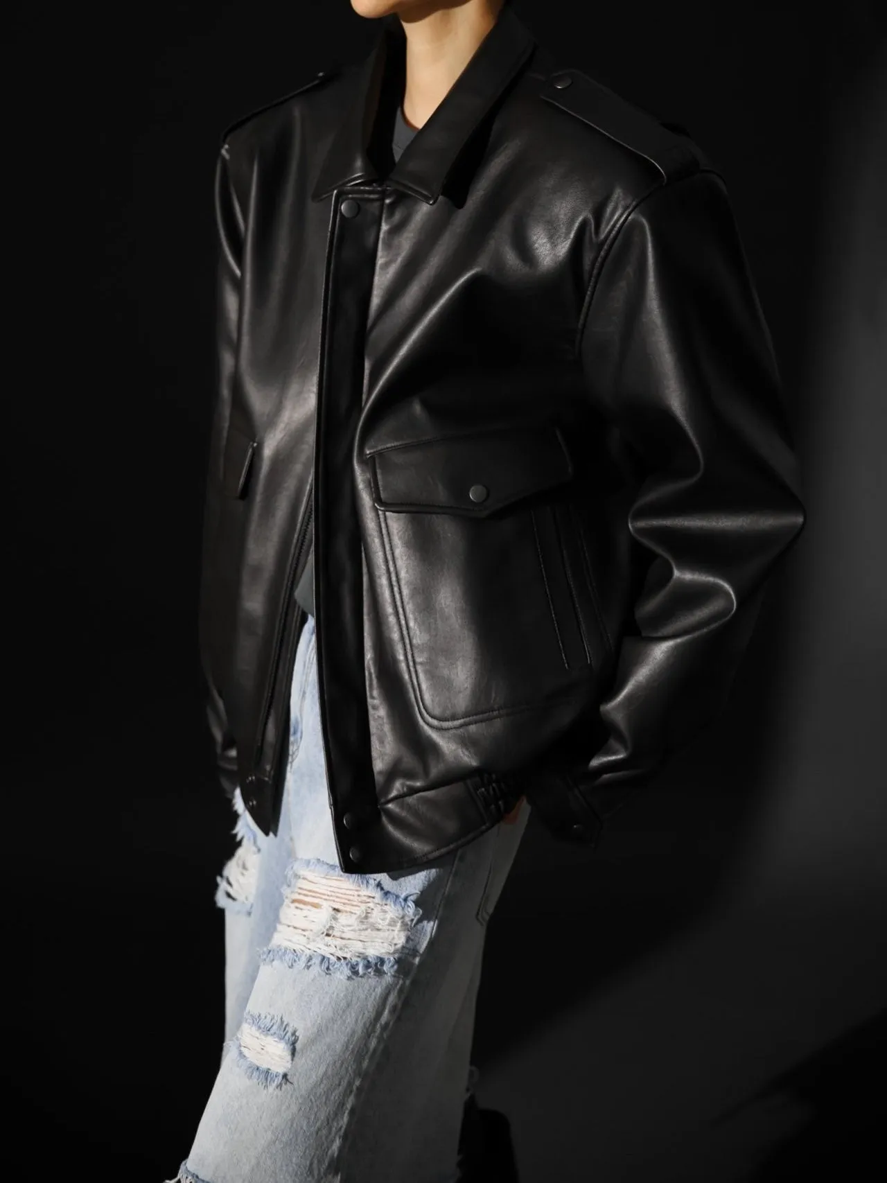 WASHED VEGAN LEATHER FLIGHT JACKET