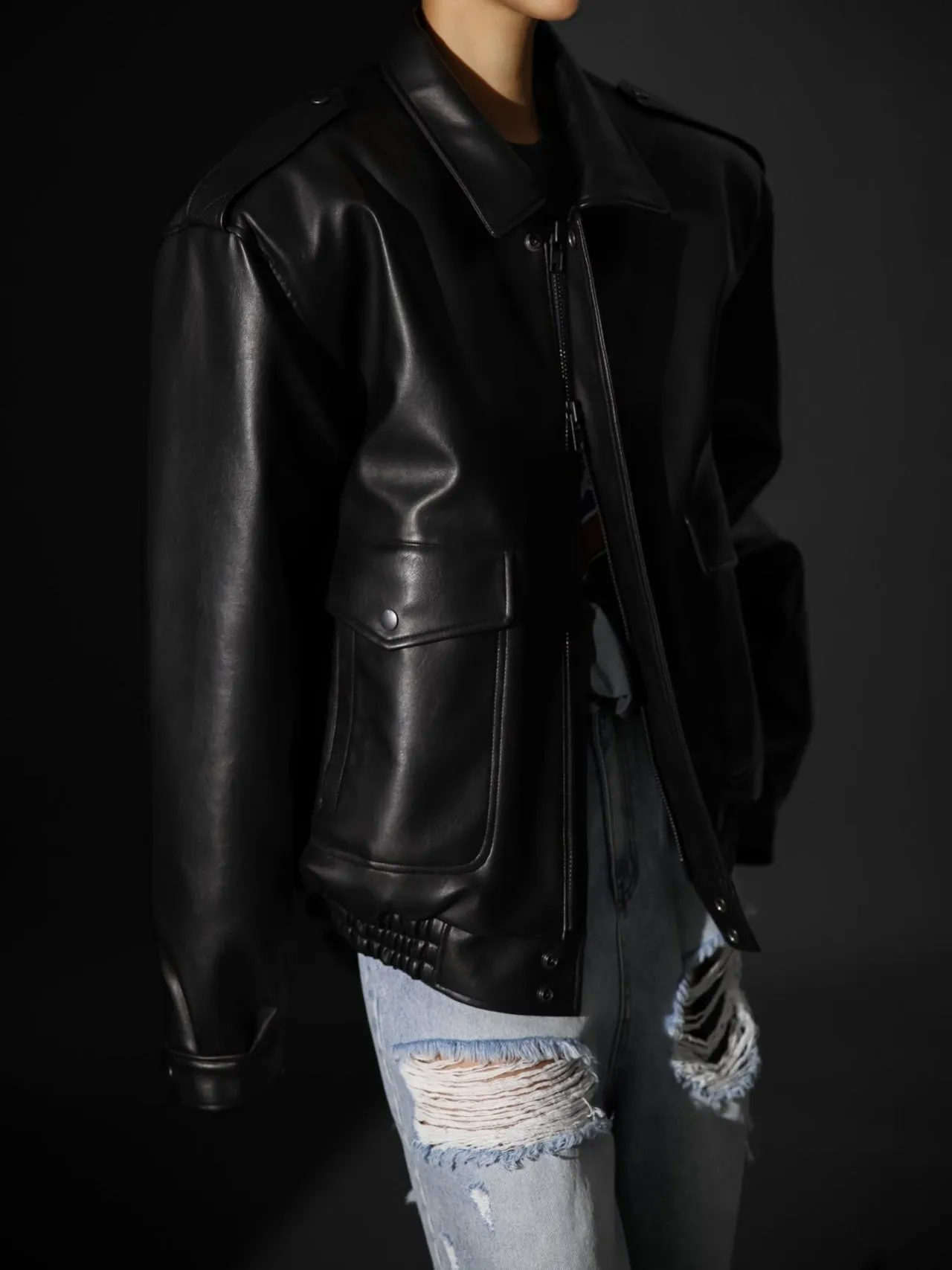 WASHED VEGAN LEATHER FLIGHT JACKET