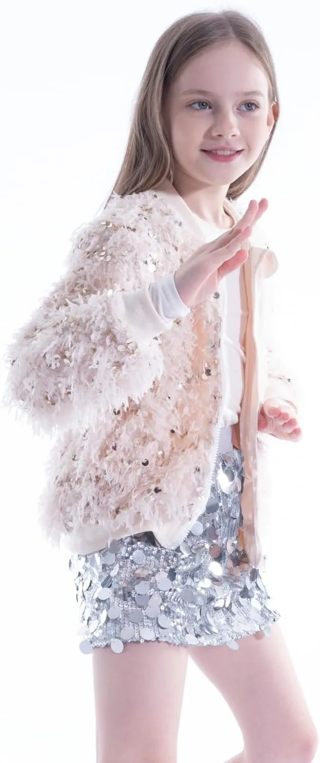 WELAKEN Girls Faux Feather Sequin Jacket Shiny Long Sleeve Zip Up Coat with Pockets 5-12Y