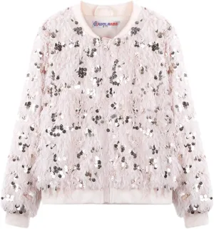 WELAKEN Girls Faux Feather Sequin Jacket Shiny Long Sleeve Zip Up Coat with Pockets 5-12Y
