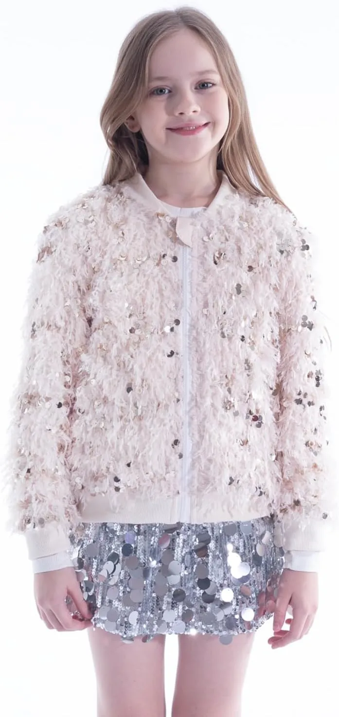 WELAKEN Girls Faux Feather Sequin Jacket Shiny Long Sleeve Zip Up Coat with Pockets 5-12Y
