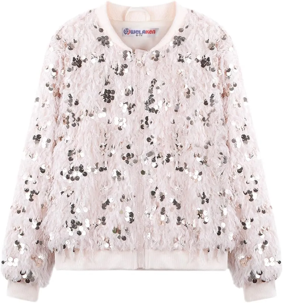 WELAKEN Girls Faux Feather Sequin Jacket Shiny Long Sleeve Zip Up Coat with Pockets 5-12Y