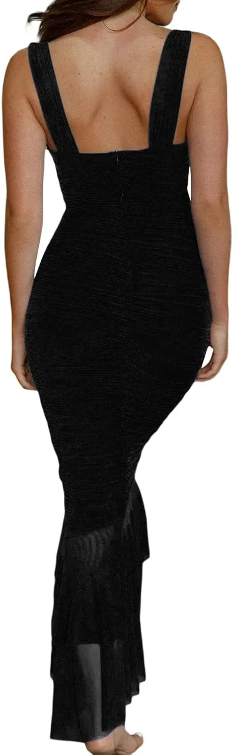Women Backless Spaghetti Strap Maxi Dress Y2k Lace Strap Satin Tie Dye Bodycon Dress Sexy Party Club Dresses