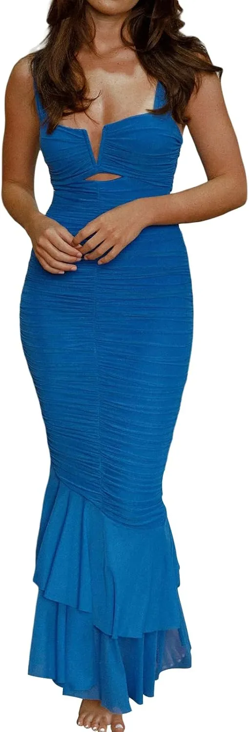 Women Backless Spaghetti Strap Maxi Dress Y2k Lace Strap Satin Tie Dye Bodycon Dress Sexy Party Club Dresses