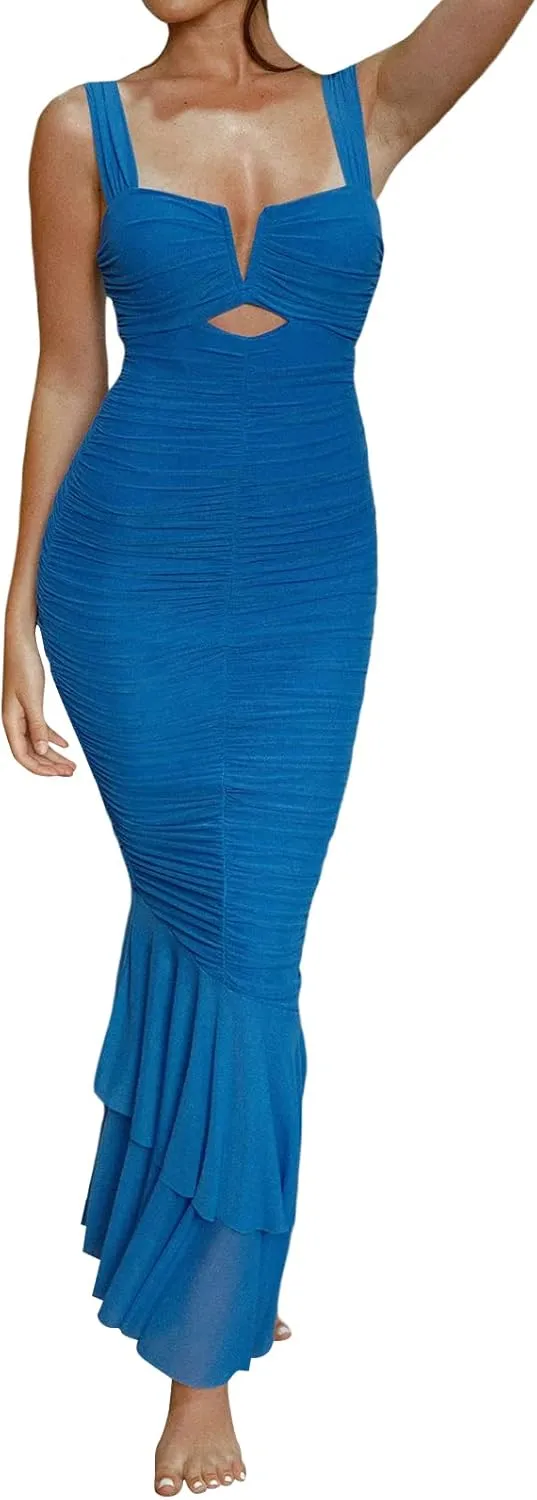 Women Backless Spaghetti Strap Maxi Dress Y2k Lace Strap Satin Tie Dye Bodycon Dress Sexy Party Club Dresses