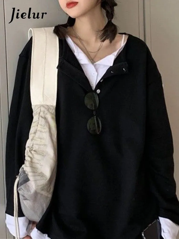 Women Fake 2 Pieces Gray Hoodies Spring Autumn Loose Chic Button Japanese Style Trendy Top Cozy Harajuku Sweatshirt