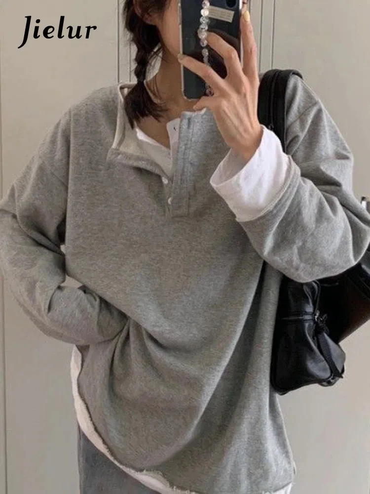 Women Fake 2 Pieces Gray Hoodies Spring Autumn Loose Chic Button Japanese Style Trendy Top Cozy Harajuku Sweatshirt